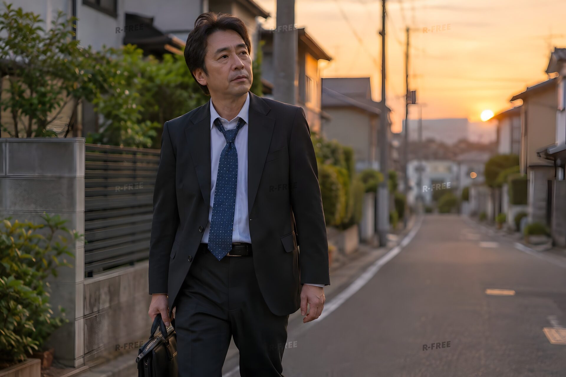 夕暮れの住宅街をカバンを持って帰宅する50代男性