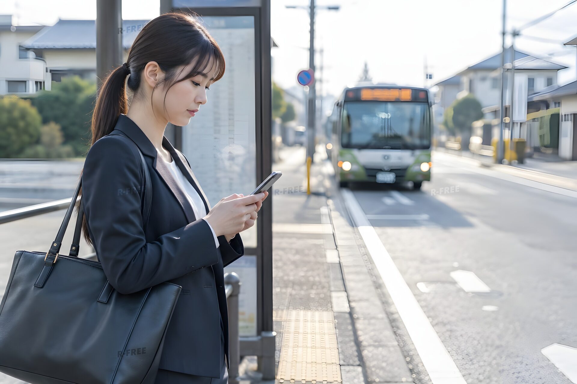 朝のバス停でスマートフォンを見ながらバスを待つ20代女性