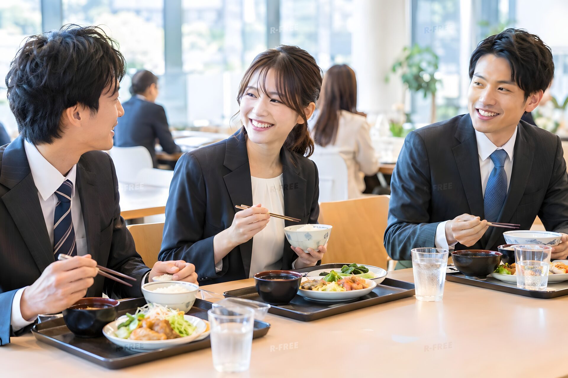 社員食堂で定食を囲んで談笑する3人の社員