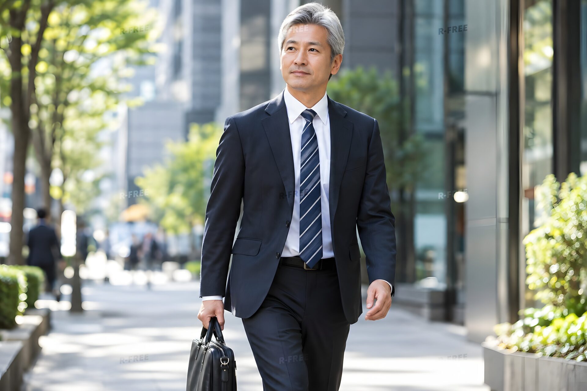 ブリーフケースを持ってビジネス街を歩く銀髪の50代男性