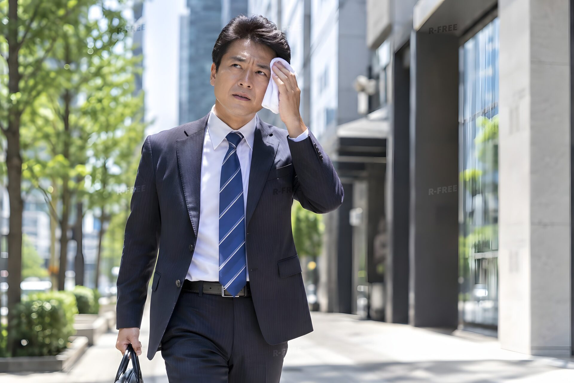 暑い日にハンカチで汗を拭きながら外回りをする40代の営業マン
