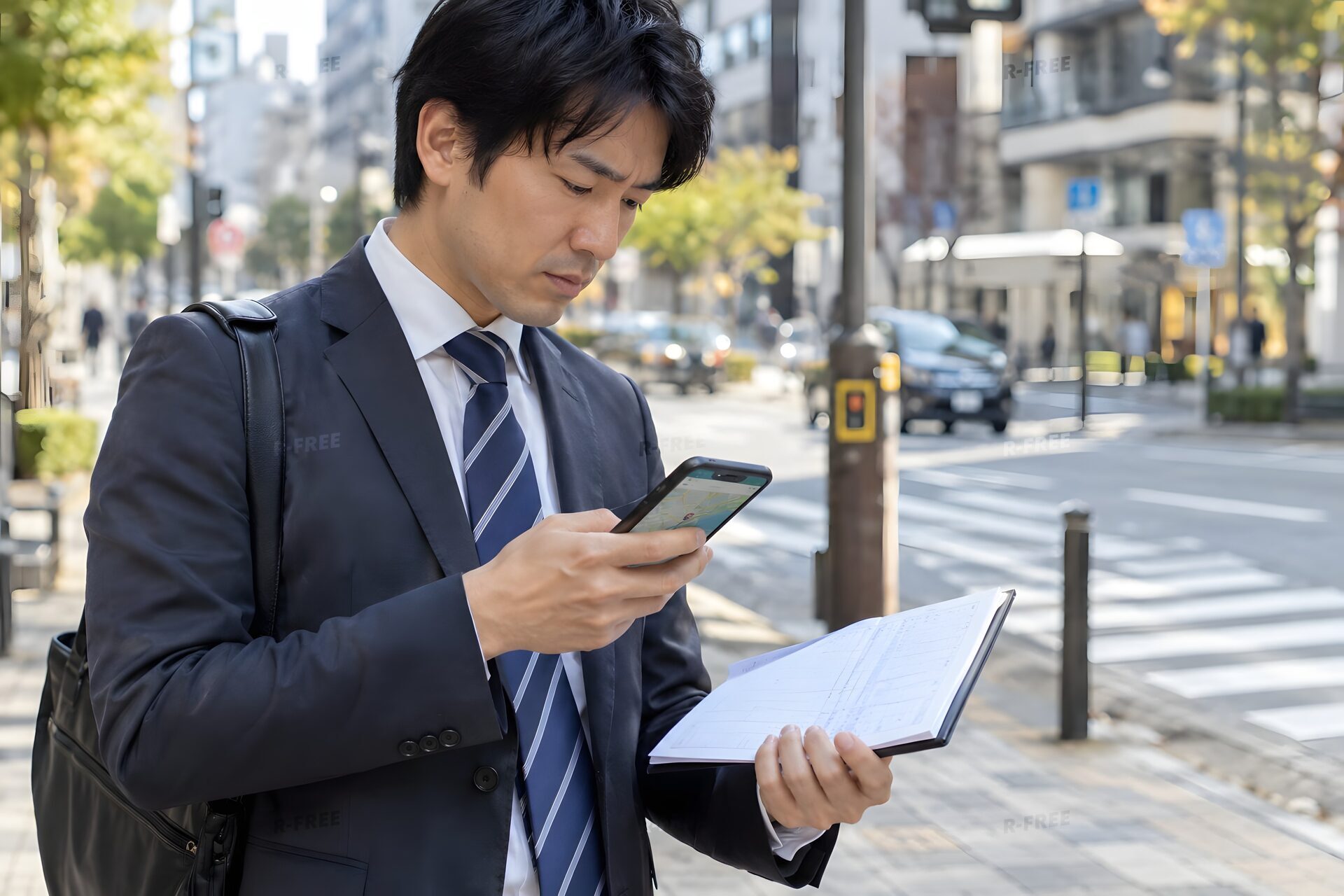 街角でスマートフォンの地図と訪問リストを確認する30代の営業マン