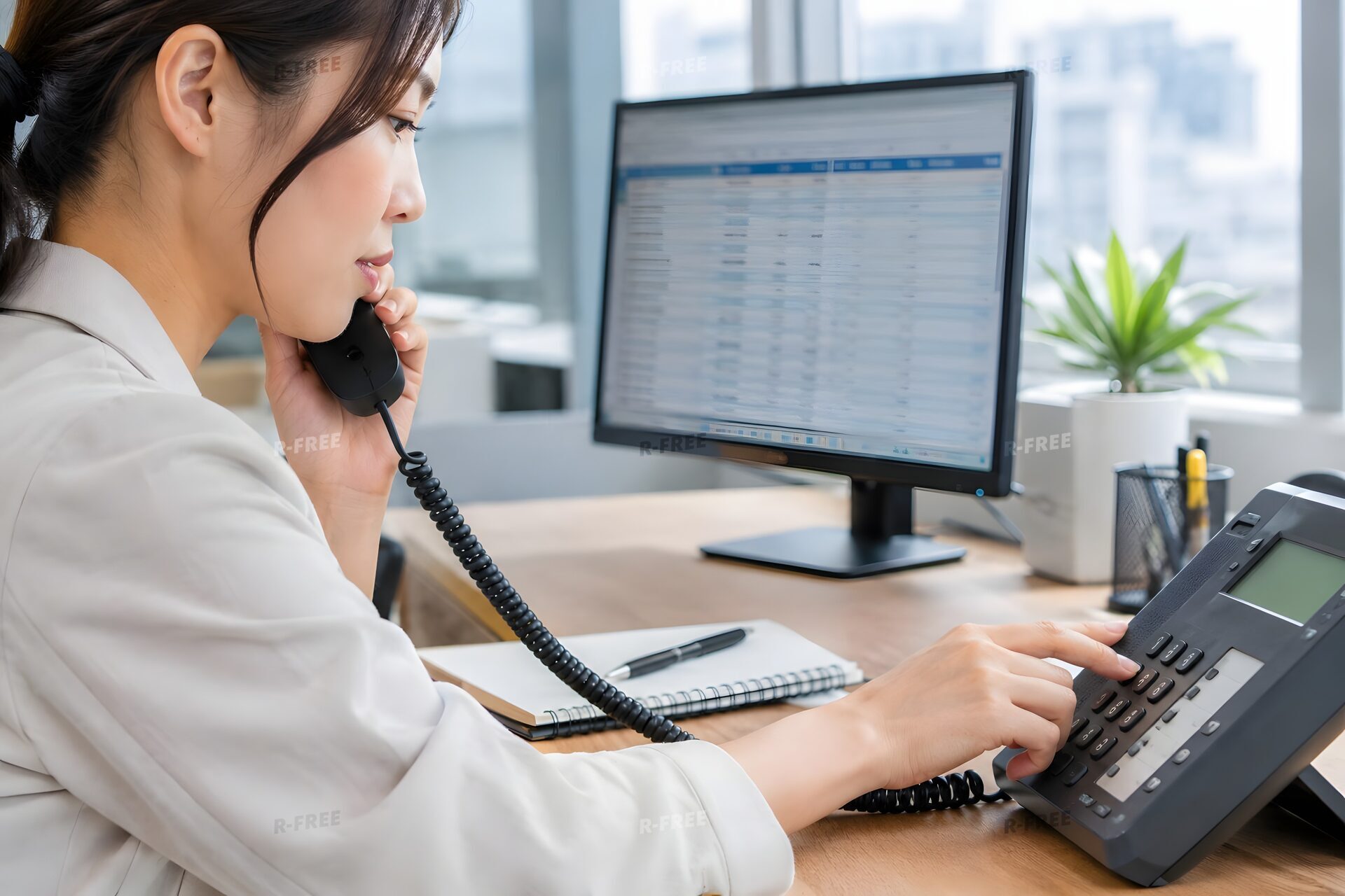 見込み客の一覧を映したモニターの前で電話をかける女性の手元