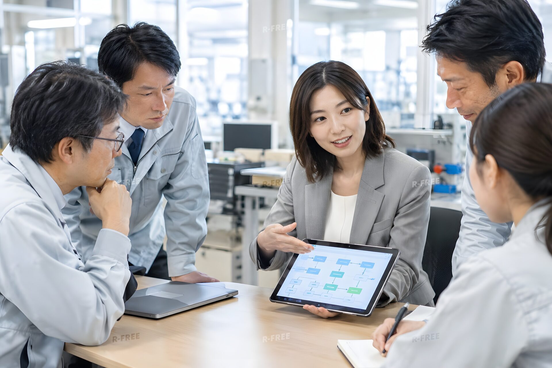 タブレットの業務フロー図を囲んでDXの説明を受ける社員たち