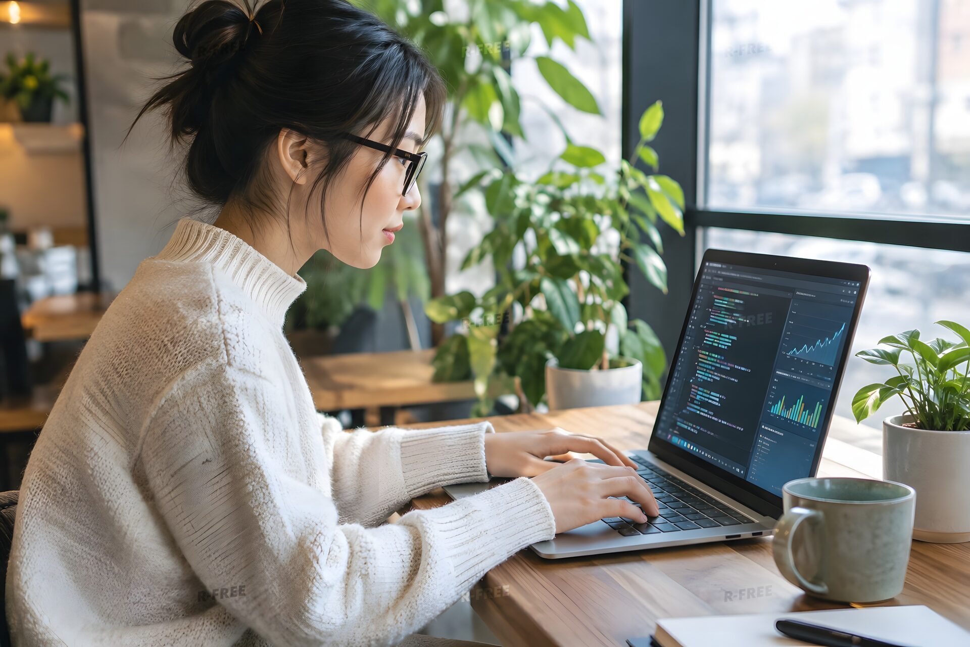 カフェ風のオフィスでコードとグラフを表示したノートパソコンに向かう20代女性