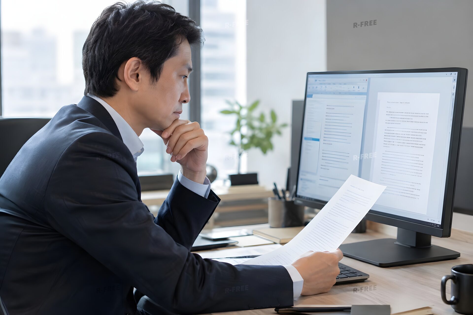 AIが作成した文書の下書きを印刷物と見比べて確認する40代男性