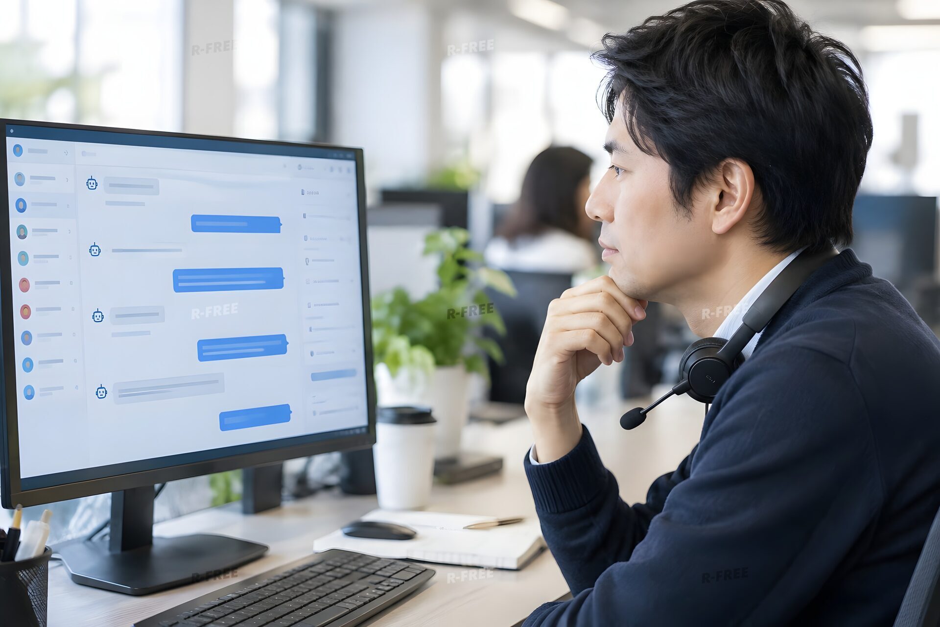 AIチャットボットの応対ログをモニターで確認する30代の担当者