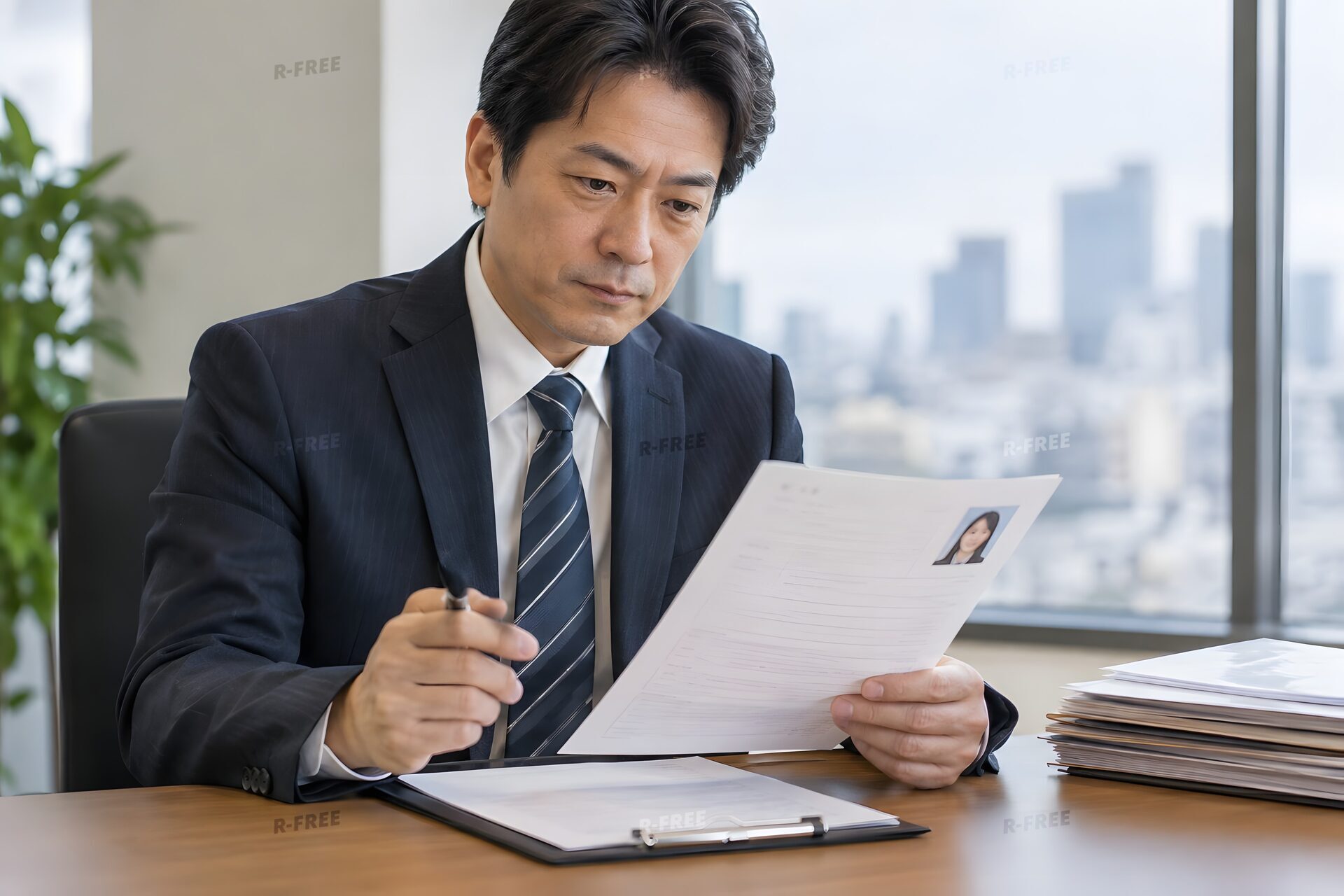 写真付きの履歴書に目を通す40代の採用担当者