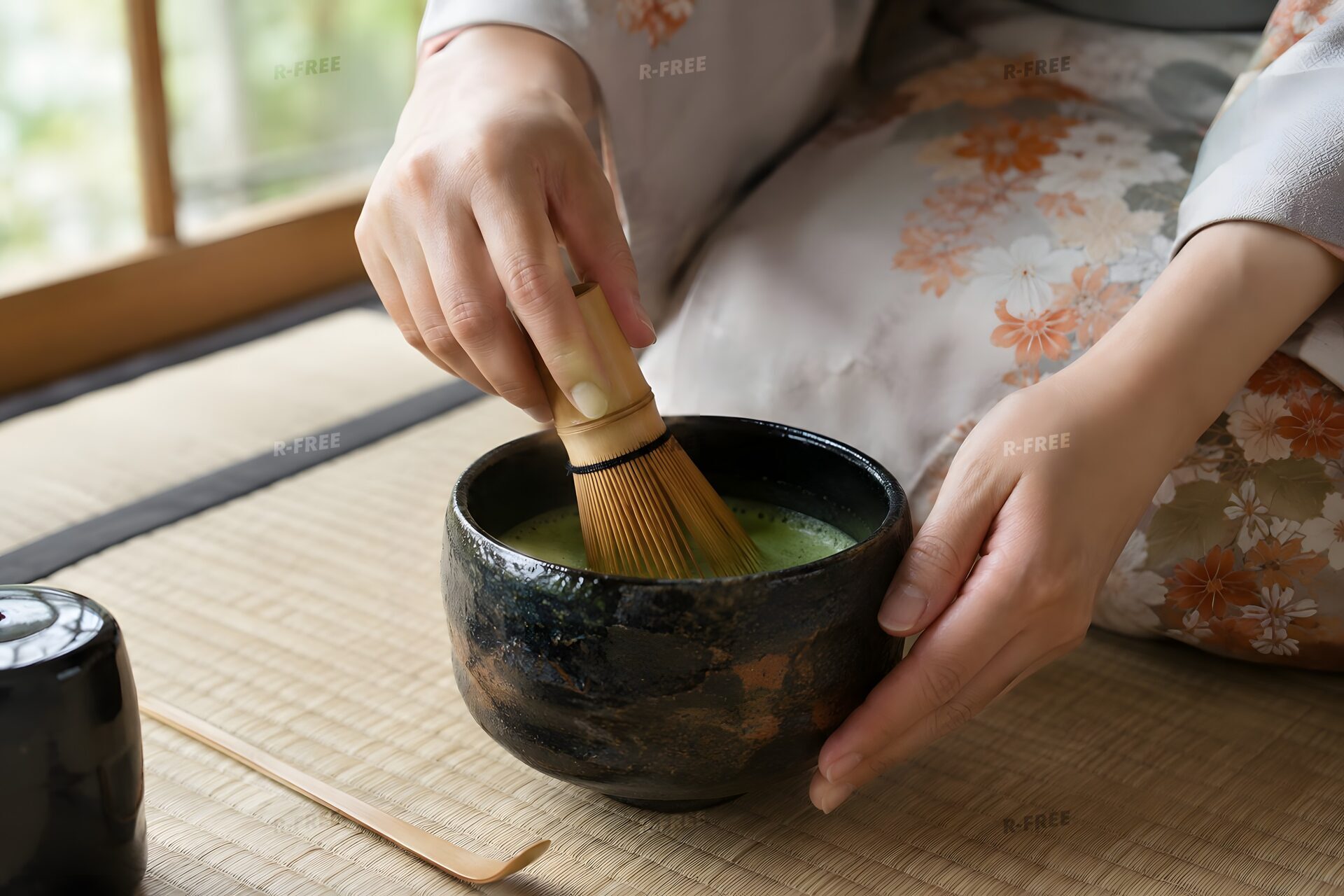 茶筅で抹茶を点てる手元のクローズアップ