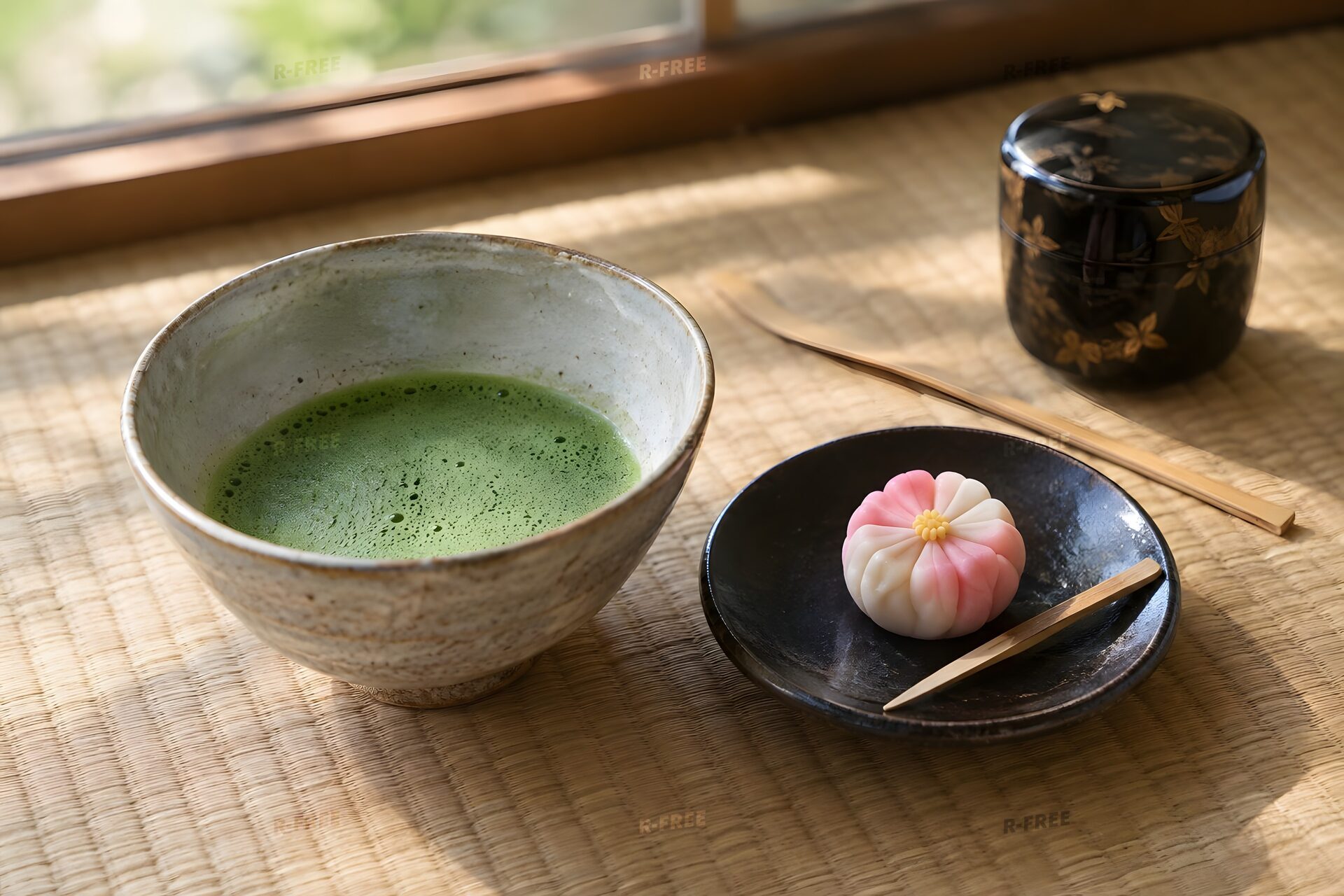 畳に置かれた抹茶の茶碗と季節の和菓子