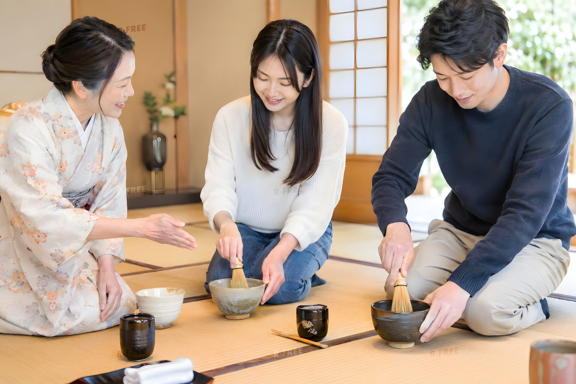 茶道体験で自分で抹茶を点てる20代の男女