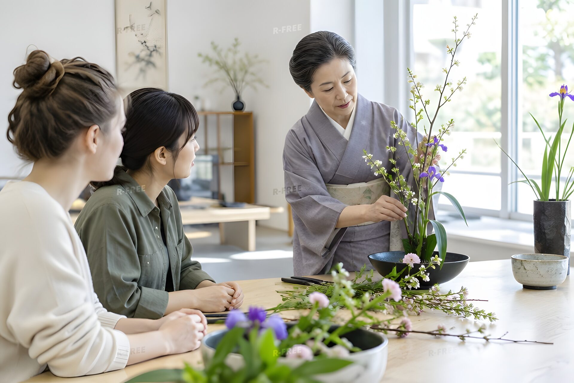 生け花教室で生徒に教える60代の先生