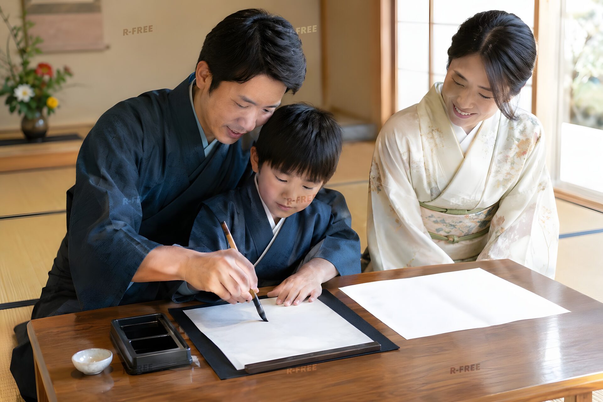 正月に親子で書き初めをする家庭の場面