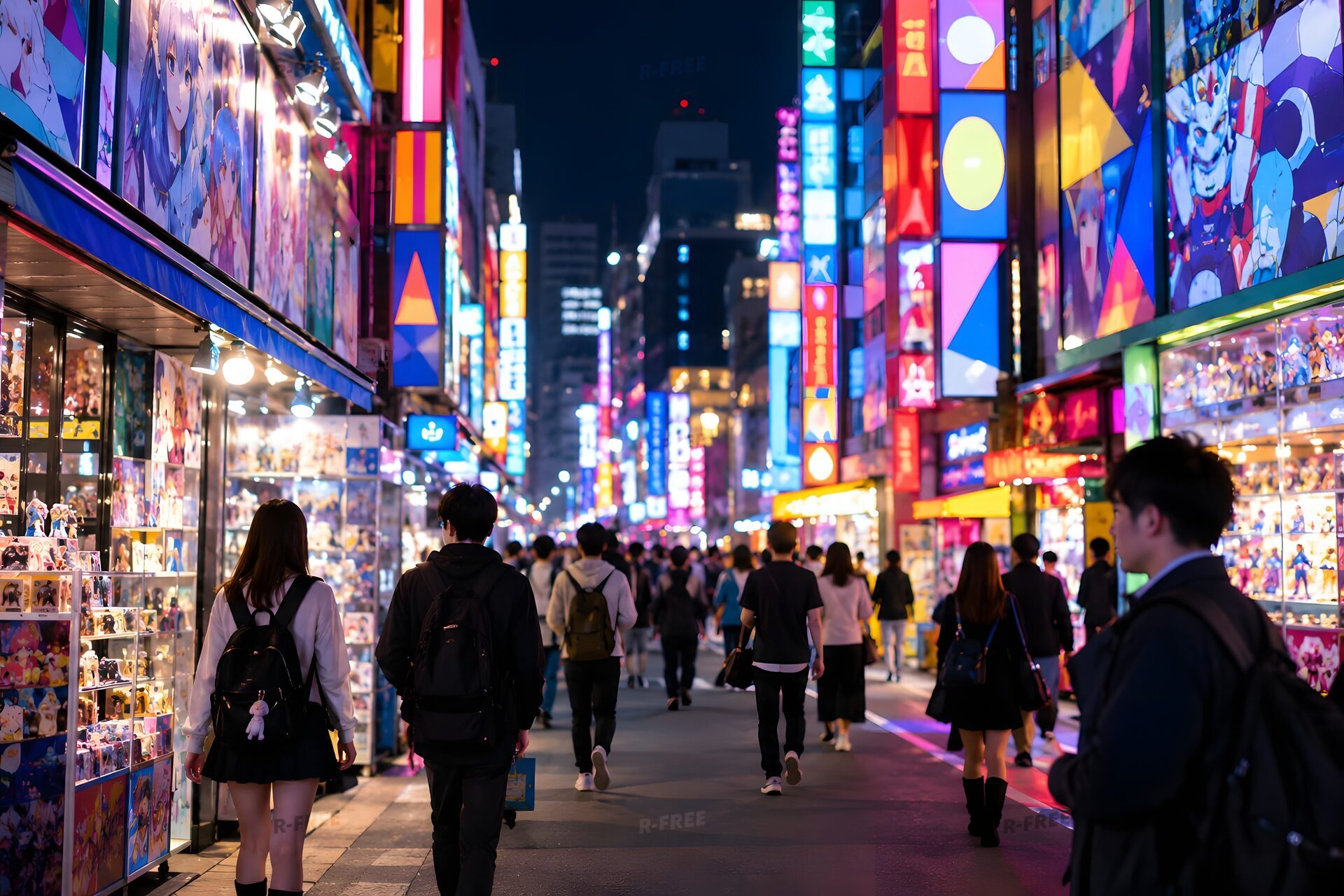 夜のネオンが輝くサブカルチャーの街を歩く若者たち