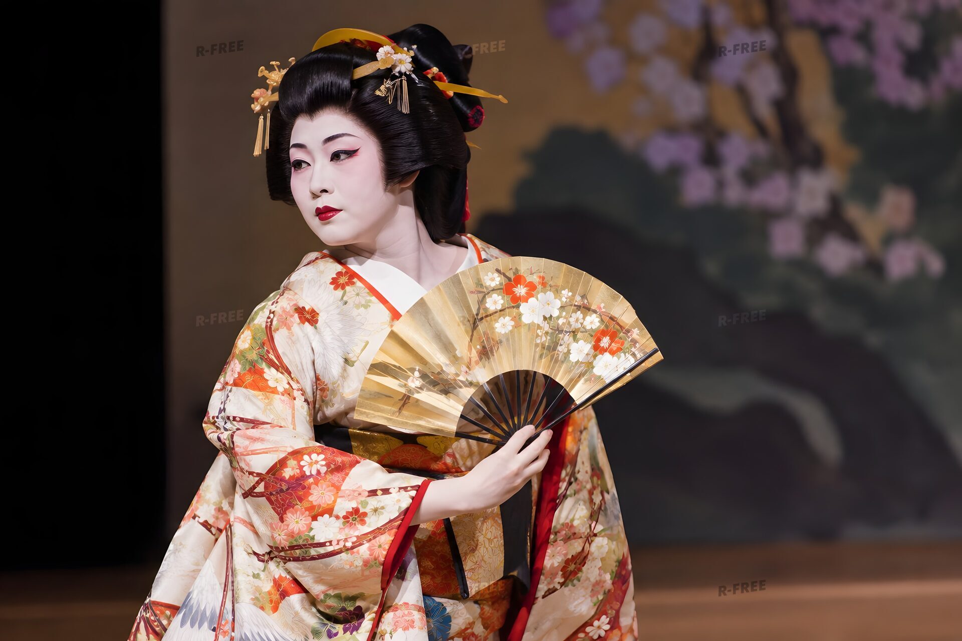 扇を持って優雅なポーズをとる女形の役者