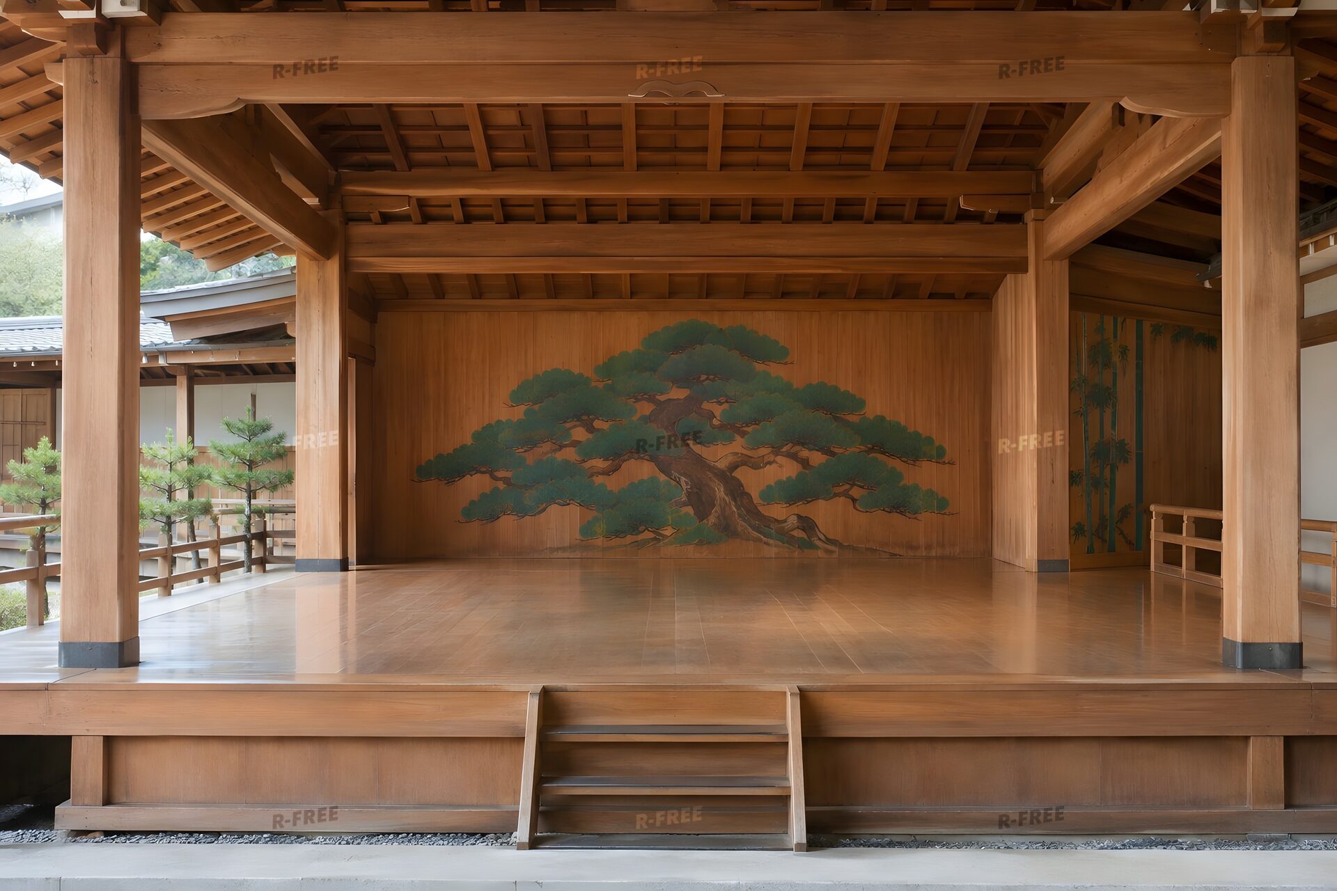 松の鏡板がある野外の能舞台の全景