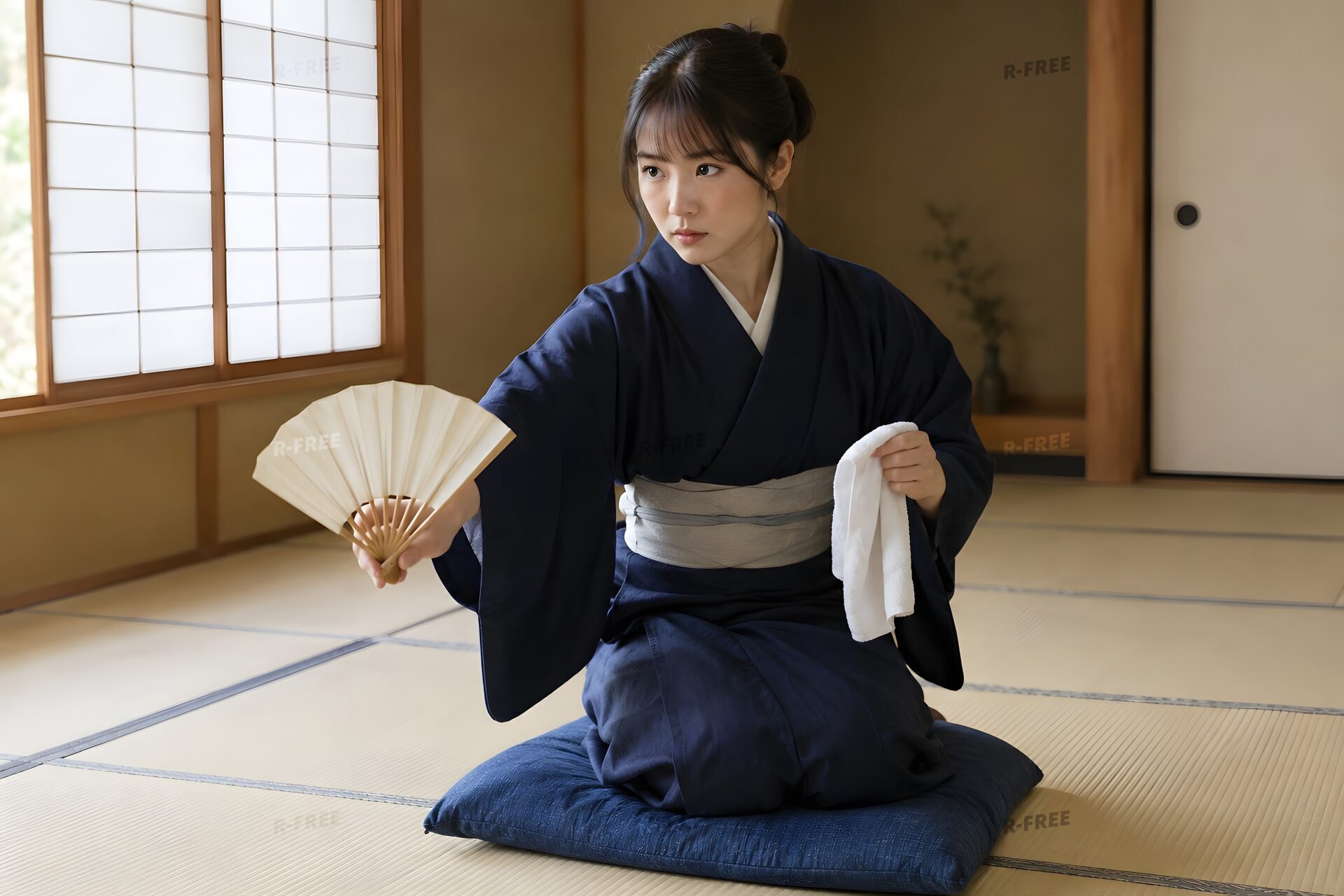 畳の部屋で一人稽古をする20代の女性落語家