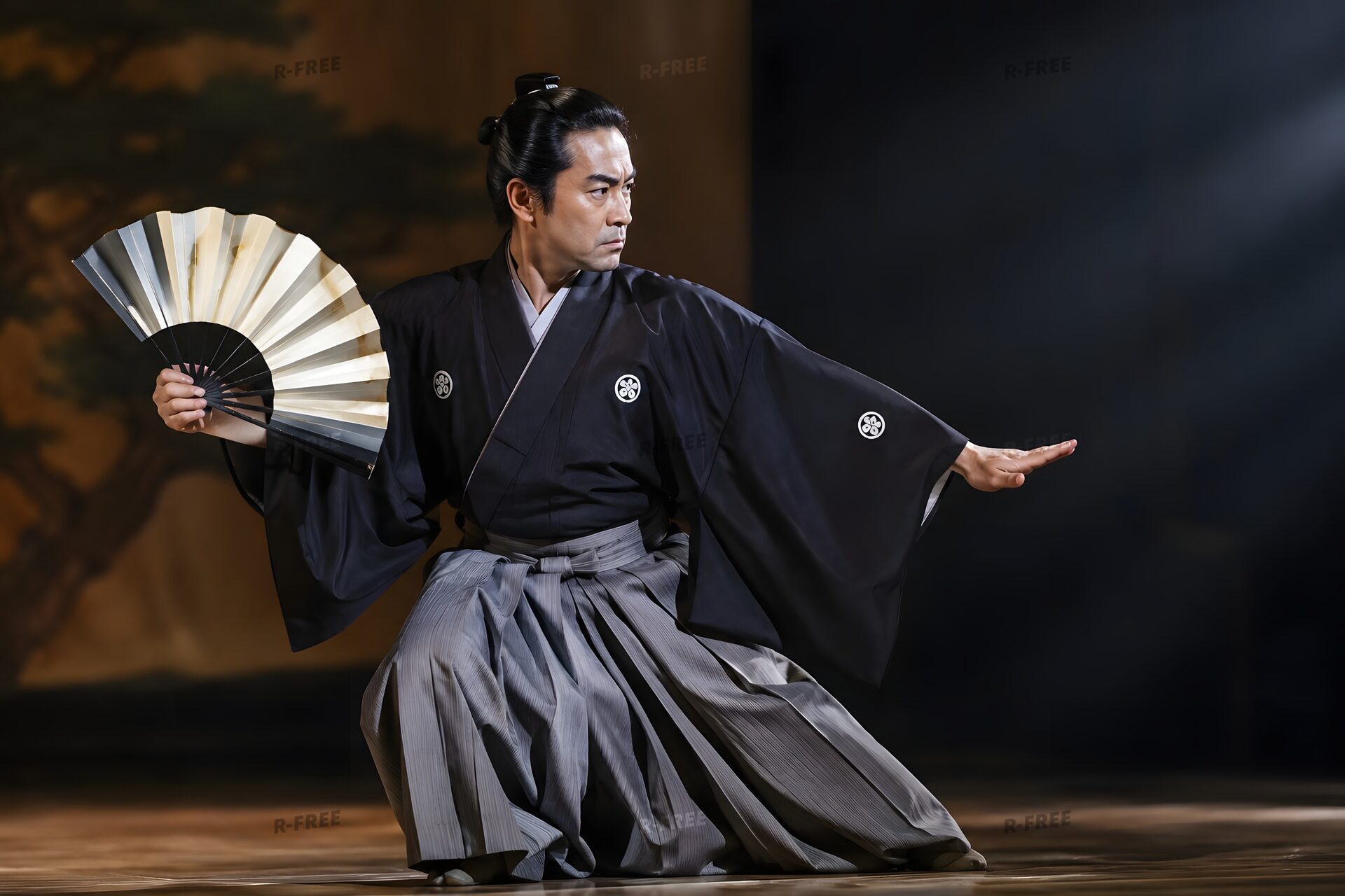 袴姿で力強く舞う40代の男性の踊り手