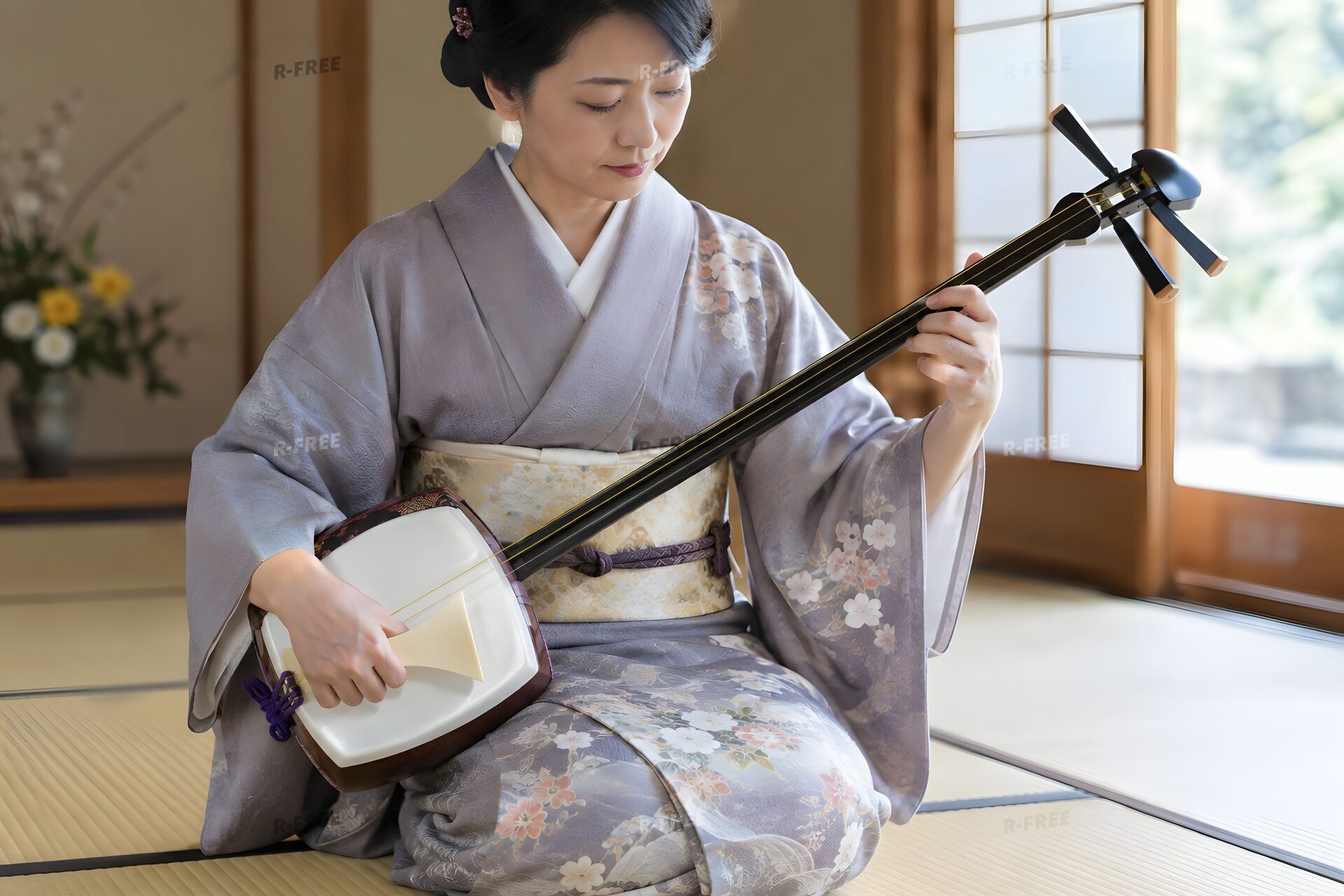 畳の部屋で三味線を弾く着物姿の40代女性