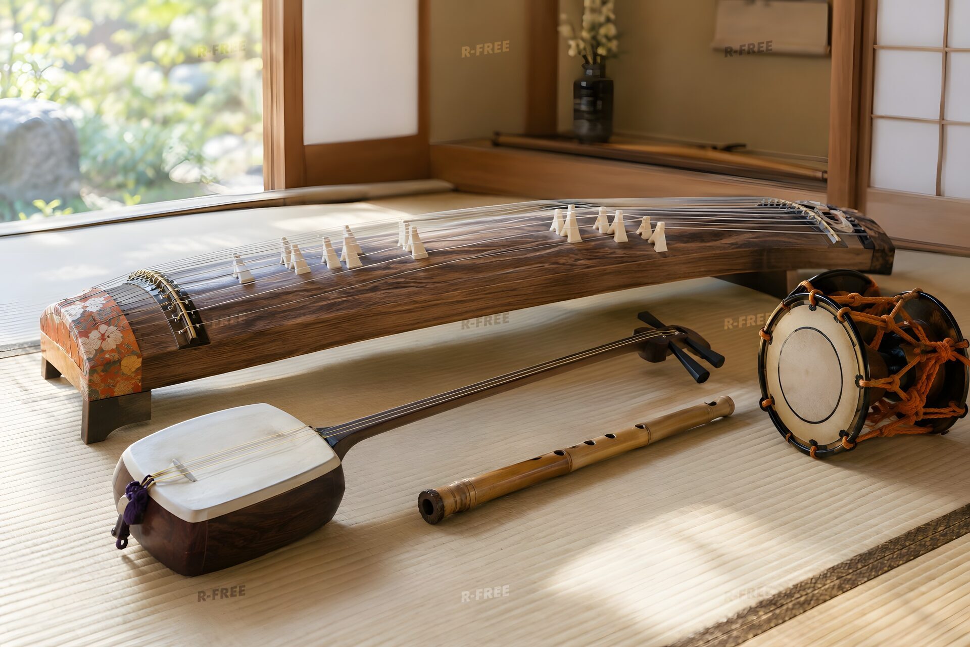 畳の部屋に並べた琴、三味線、尺八、小鼓