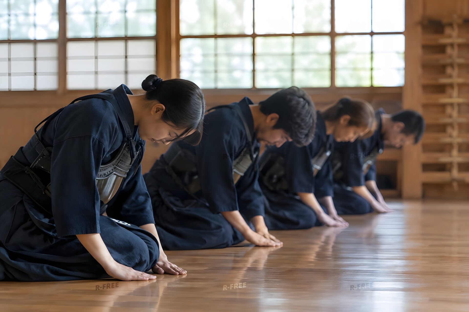 稽古の始めに正座で礼をする剣道の部員たち