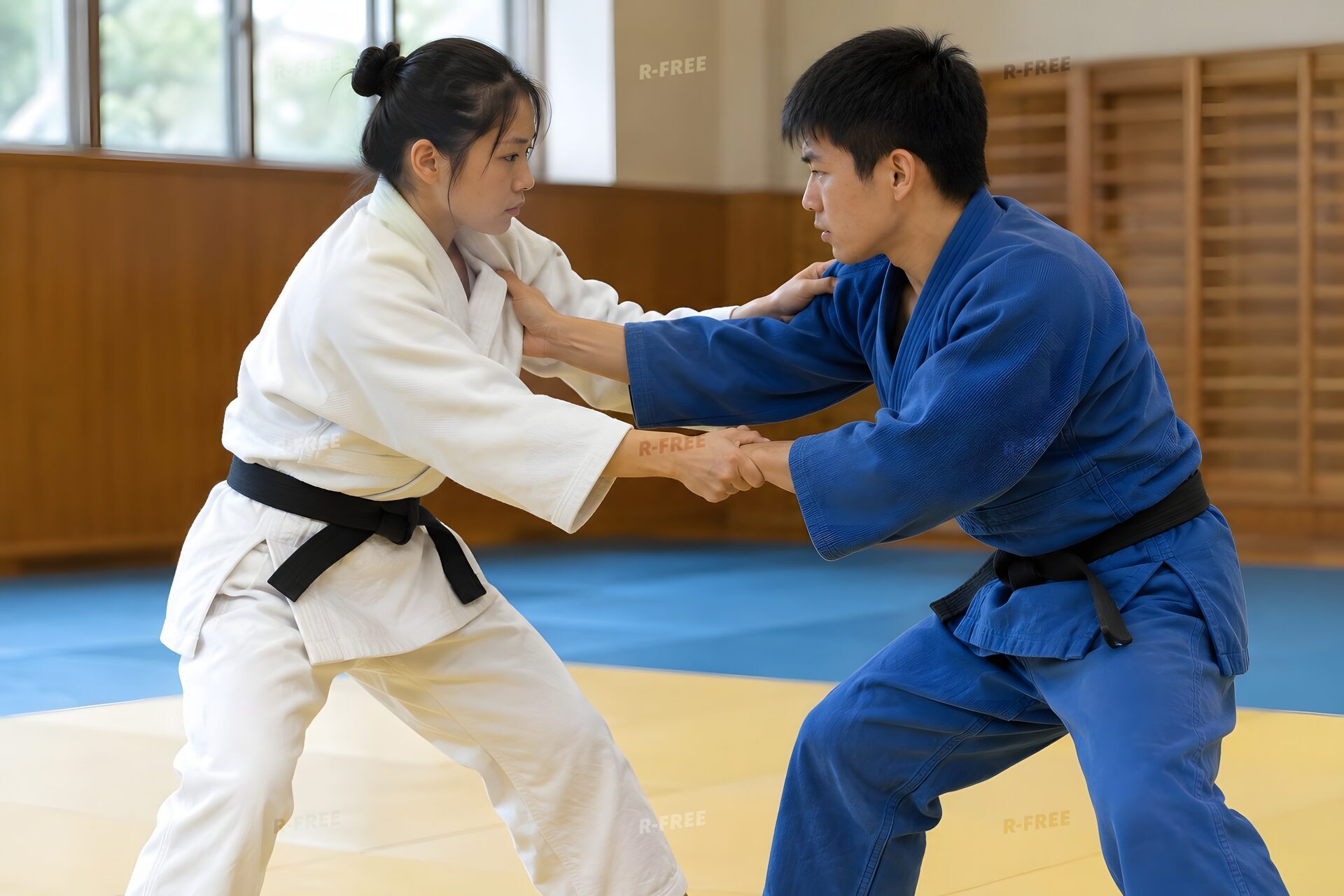 畳の上で組み合う白と青の柔道着の選手