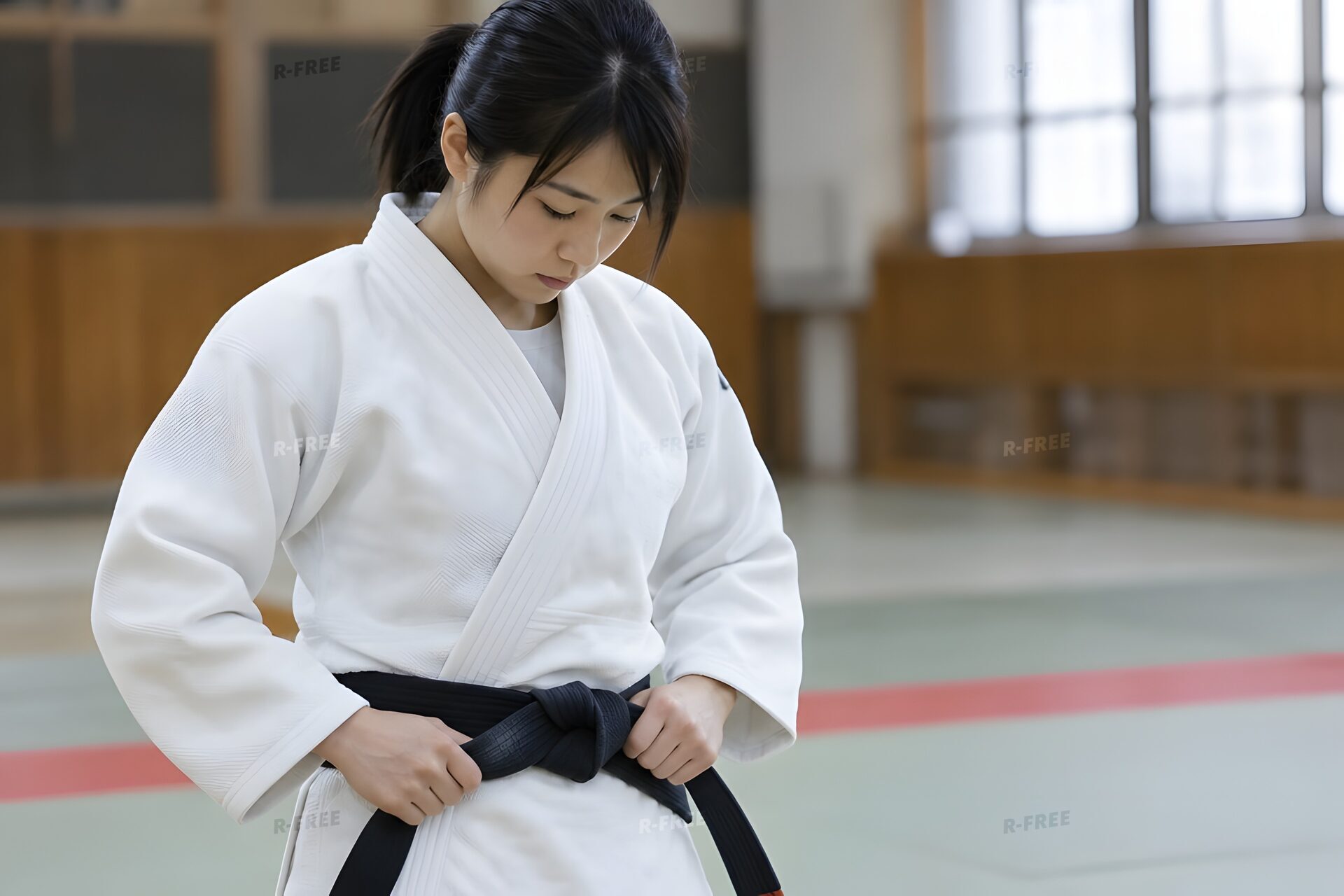試合前に黒帯を締める20代の女性柔道家