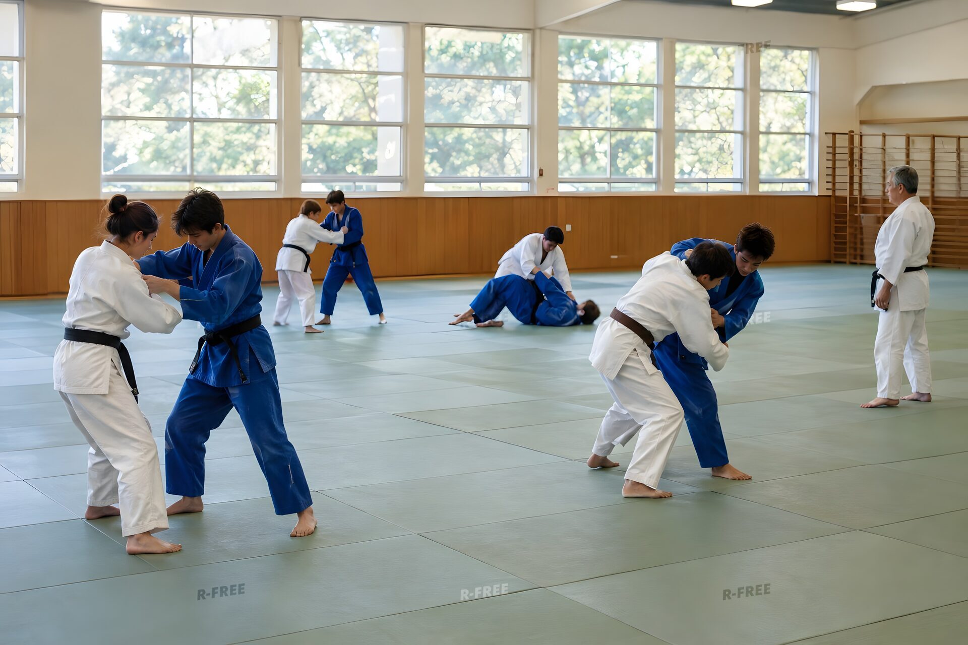 緑の畳で複数の組が稽古する柔道場の全景