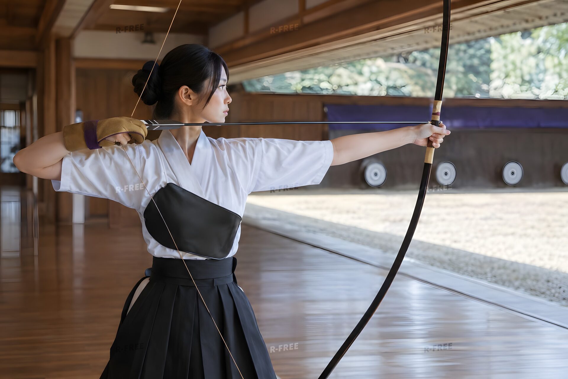 弓道場で弓を引き絞る20代の女性射手