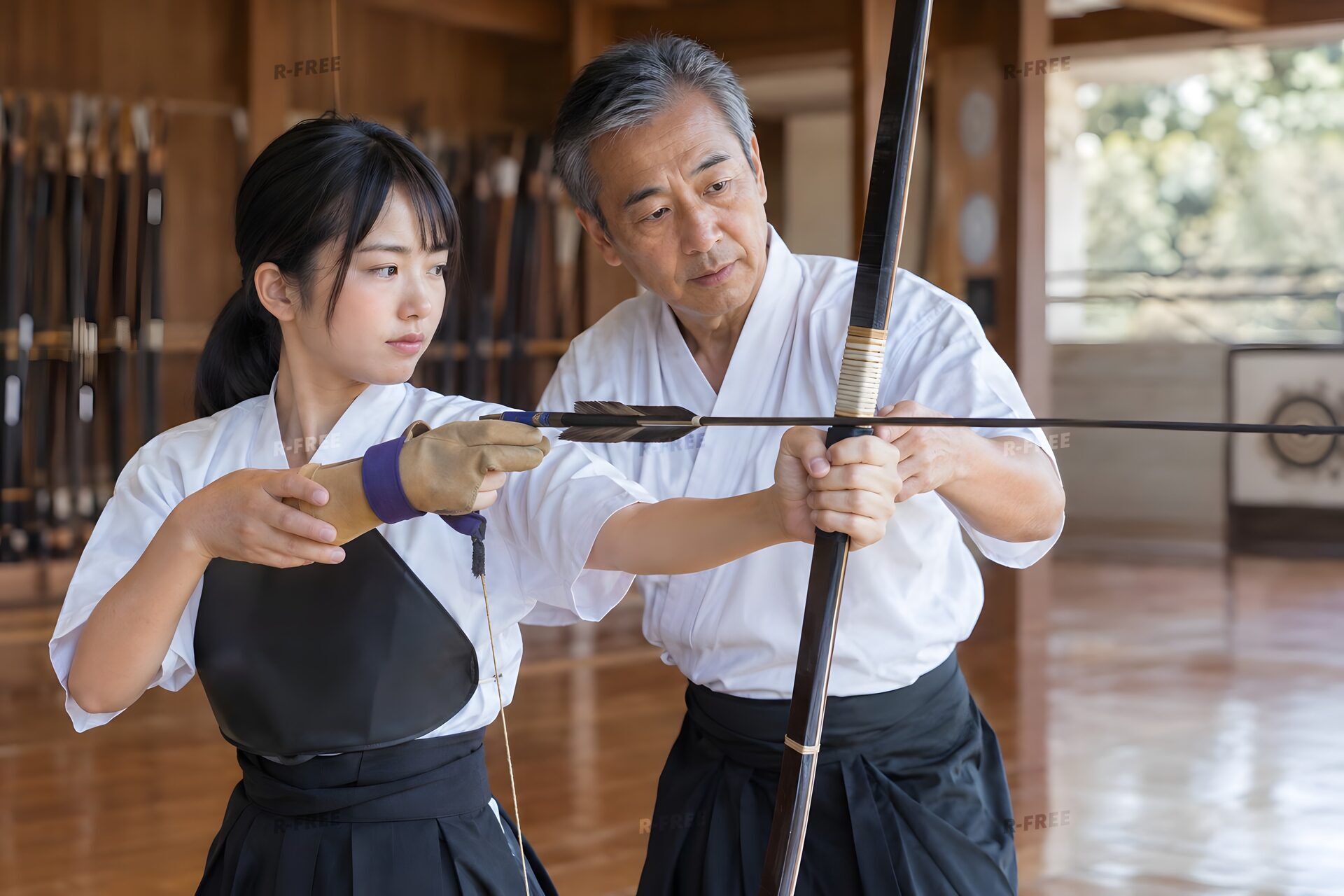 弓の握り方を若い生徒に教える60代の弓道の先生