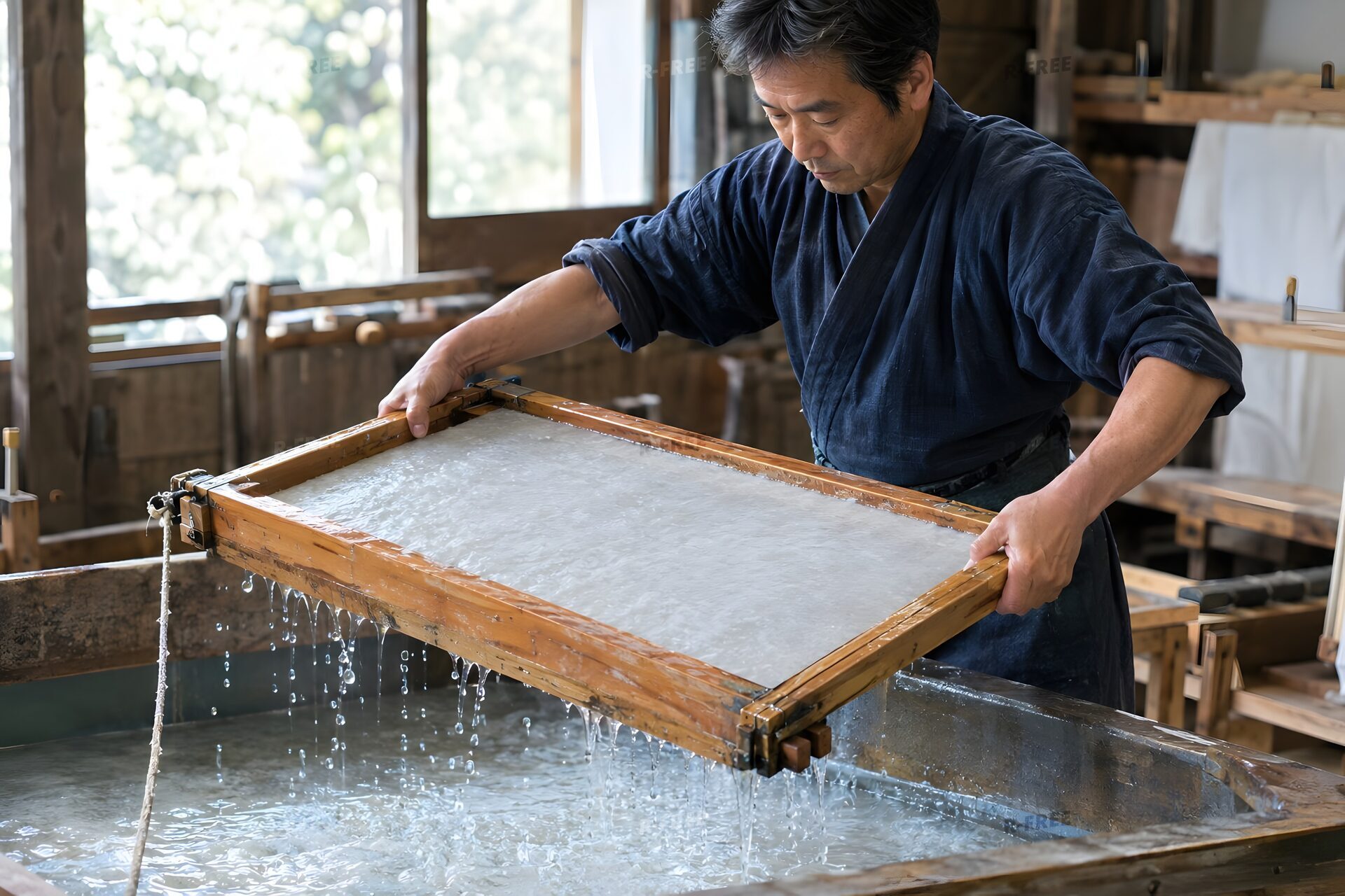 簀桁を水槽から引き上げて和紙を漉く50代の職人