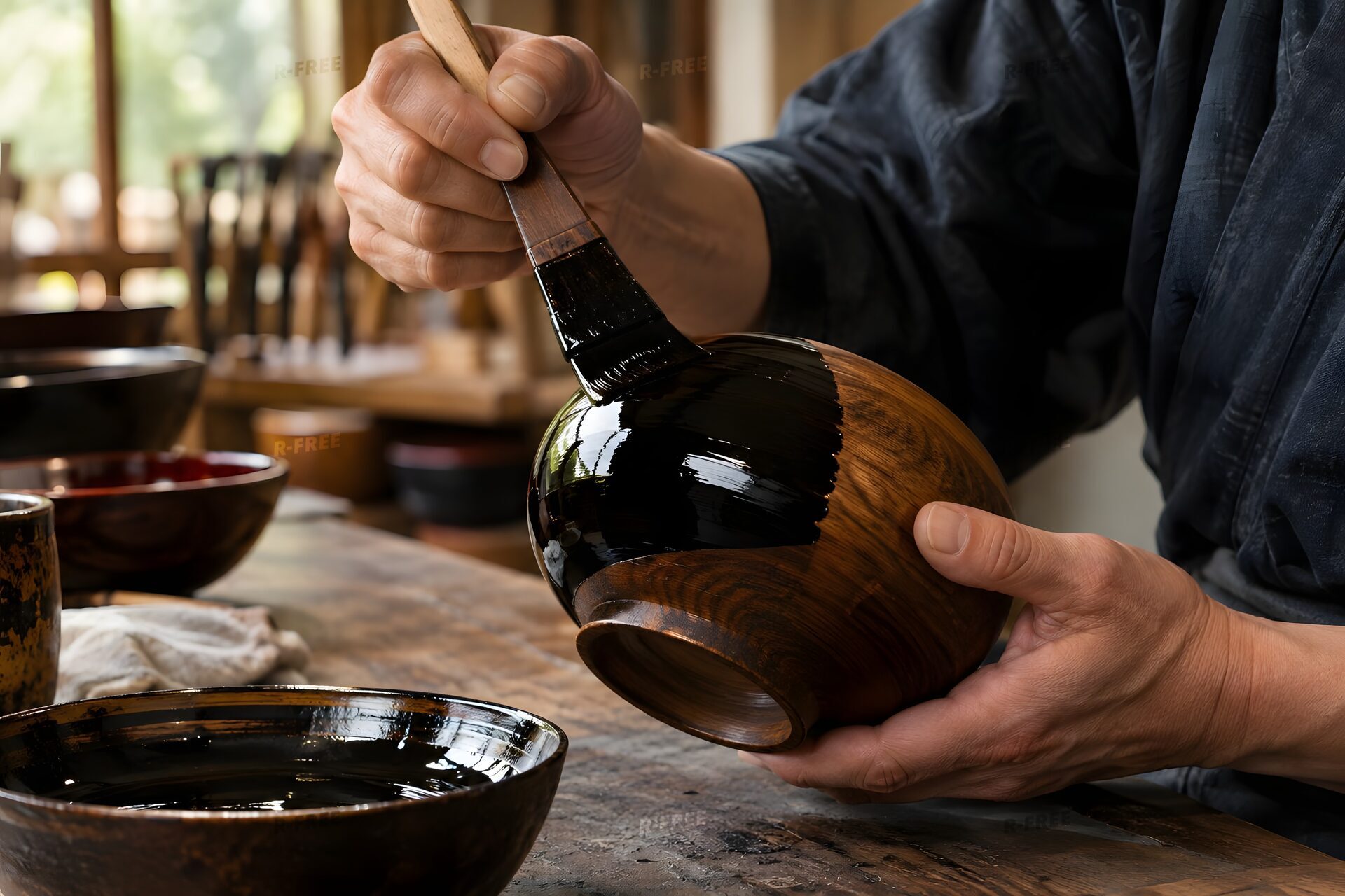 木地の椀に黒い漆を刷毛で塗る職人の手元