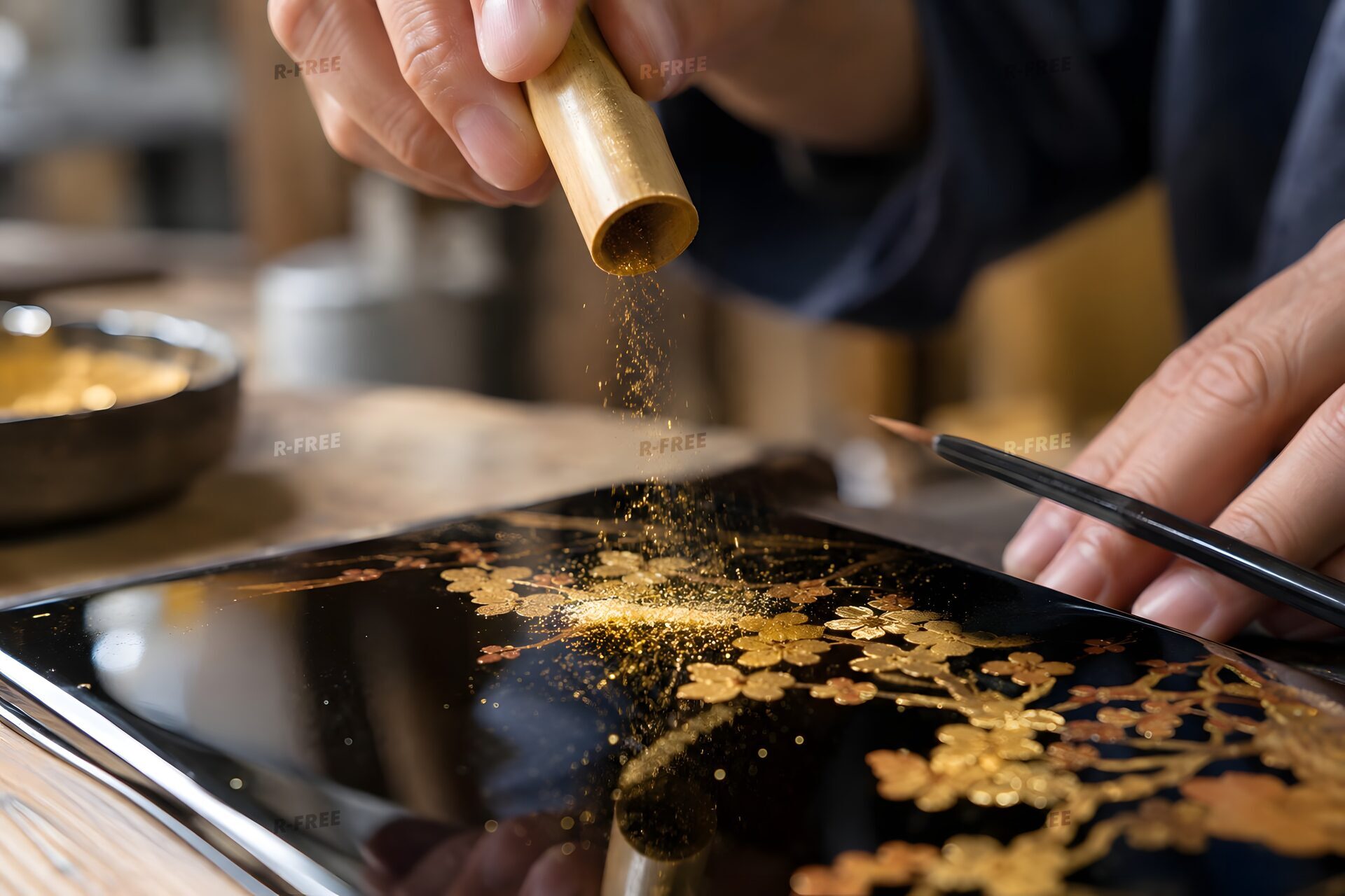 蒔絵で金粉を蒔く職人の手元のマクロ