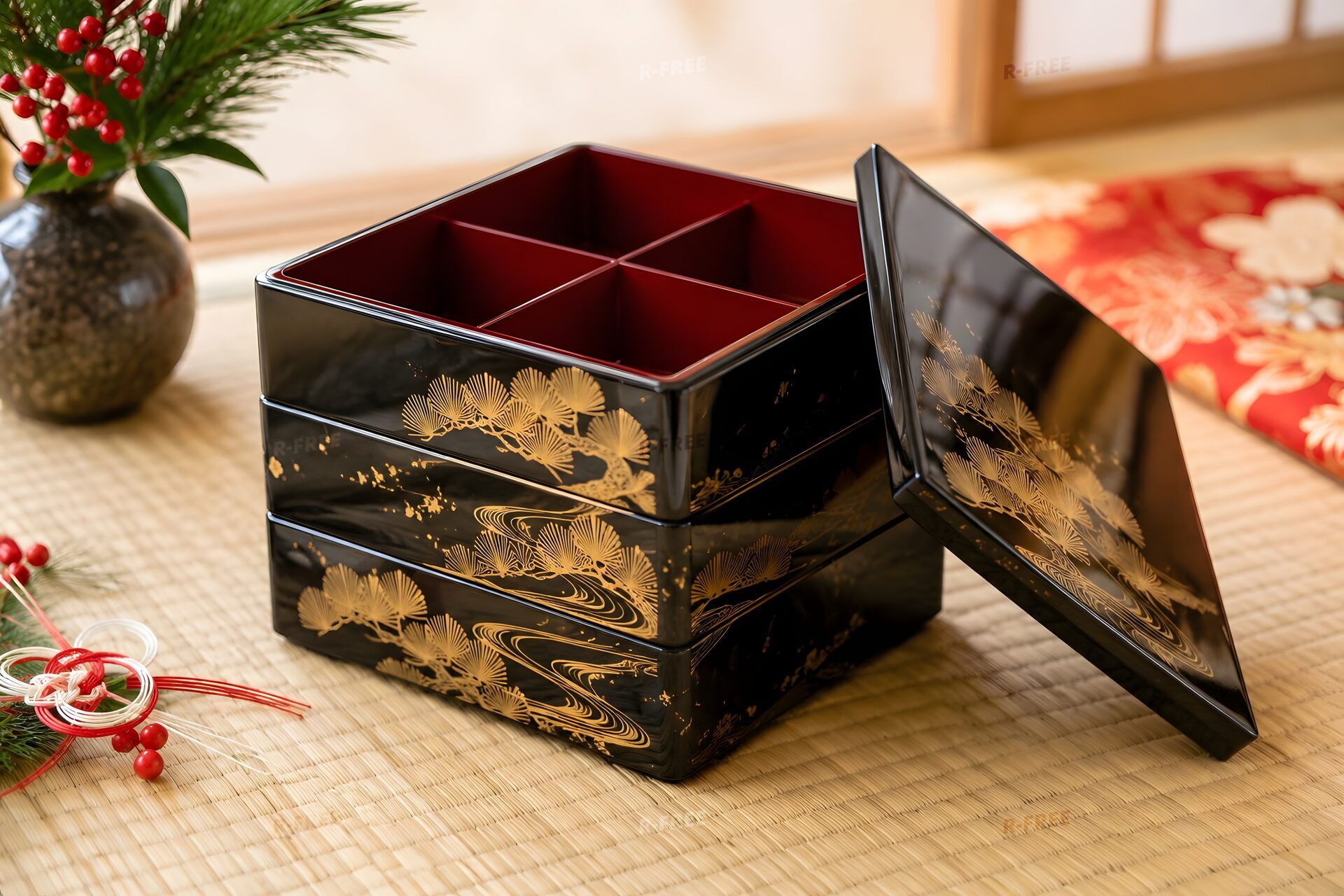 畳に置かれた蒔絵の重箱