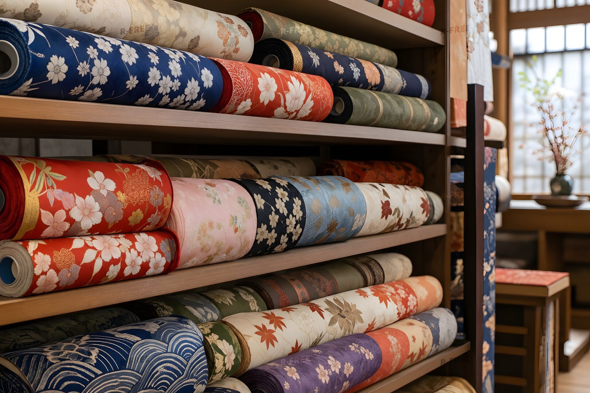 呉服店の棚に積まれた色とりどりの反物