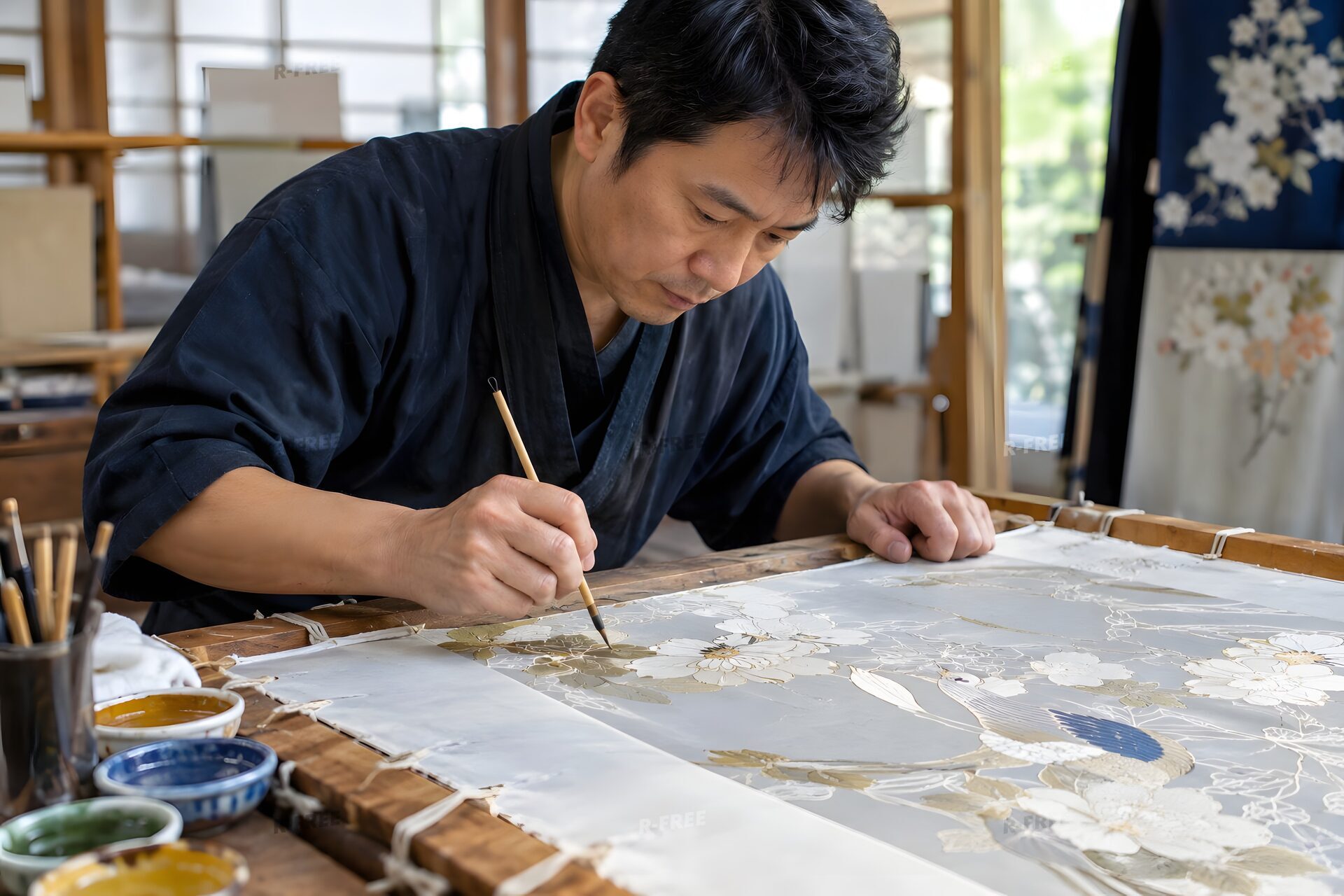 枠に張った絹に糊で模様を描く友禅の職人