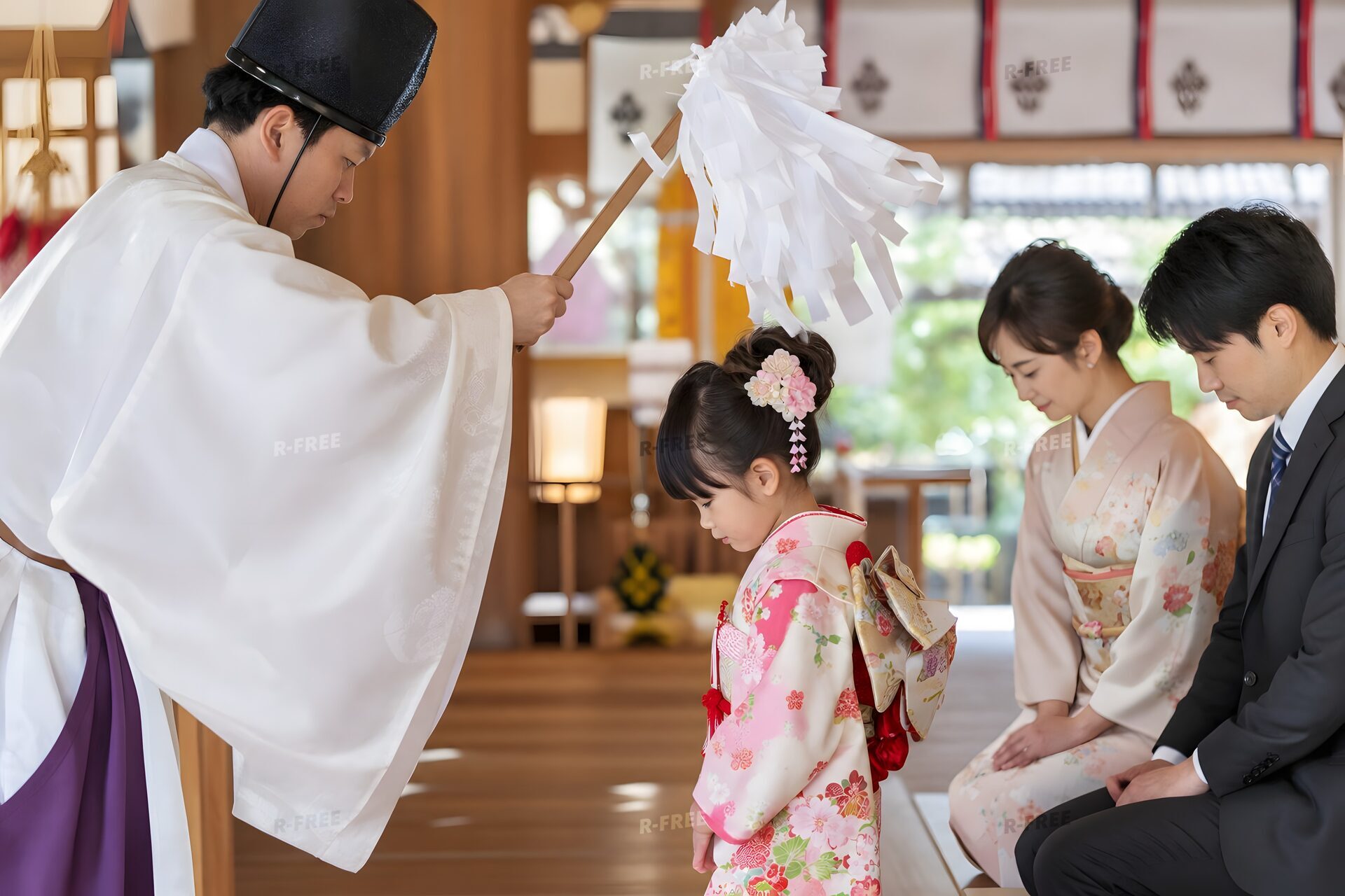 拝殿で神職のお祓いを受ける七五三の子ども