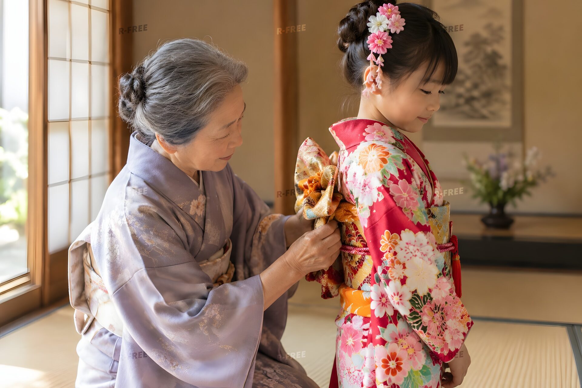 出かける前に孫娘の帯を直す着物姿の祖母