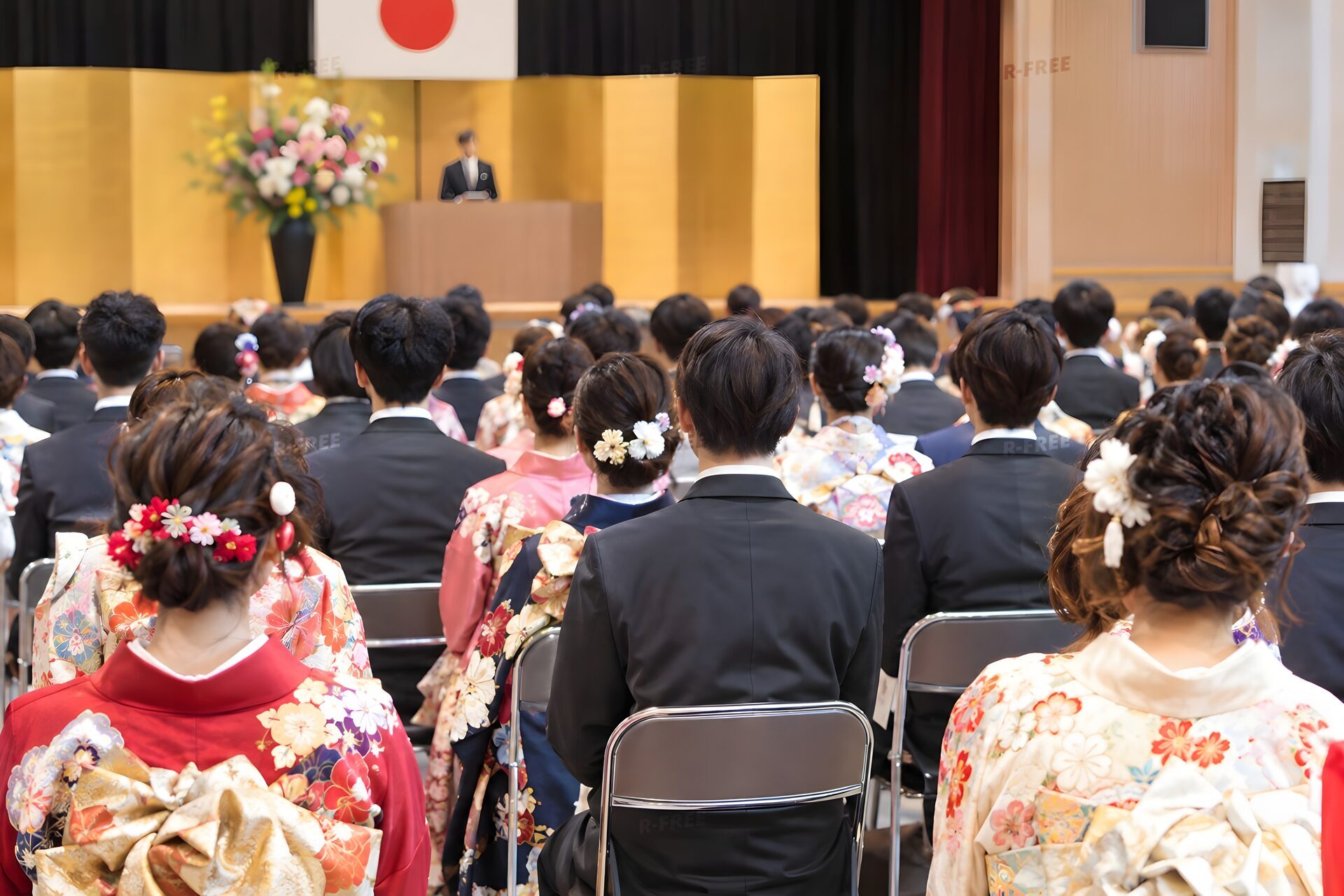 振袖とスーツの新成人で埋まる成人式の会場
