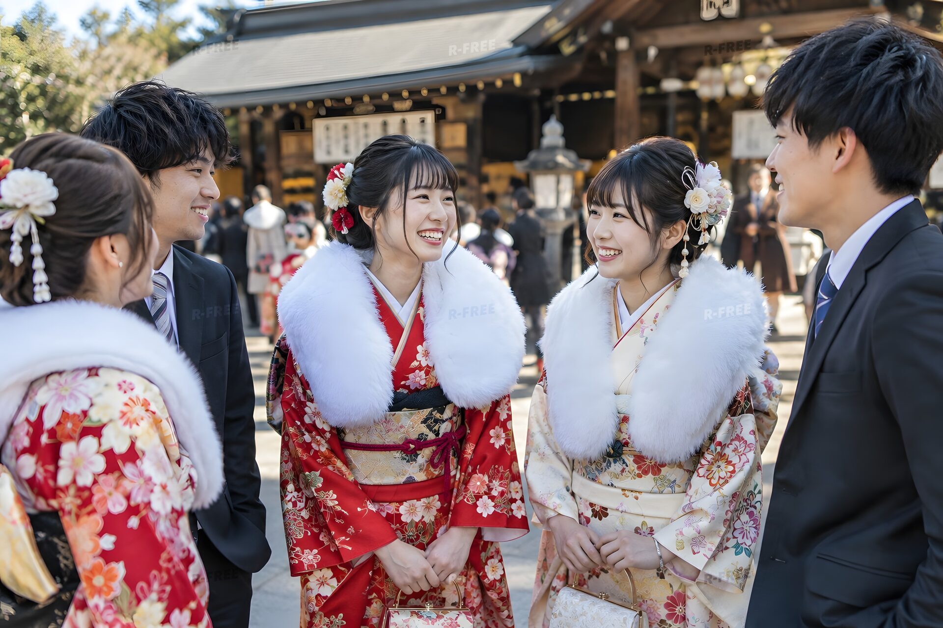 式典の後に神社の前で再会を喜ぶ新成人の男女