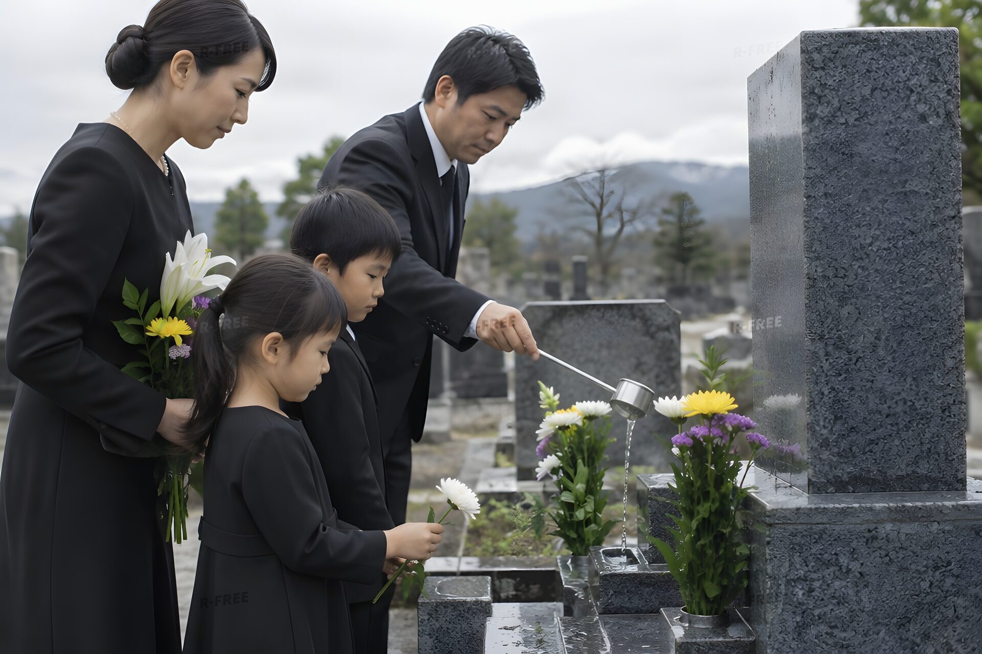 墓地で墓石に水をかけて花を供える喪服の家族