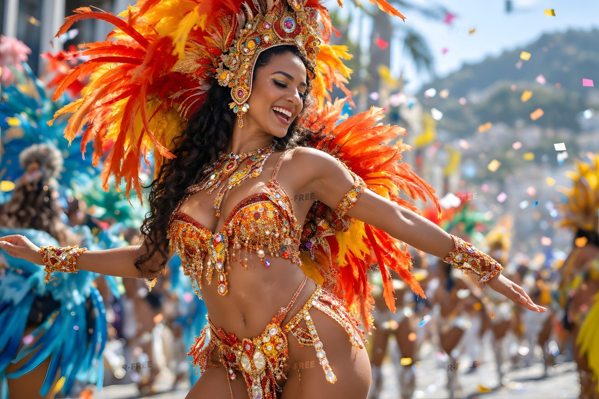 羽根とスパンコールの衣装で踊るカーニバルのダンサー