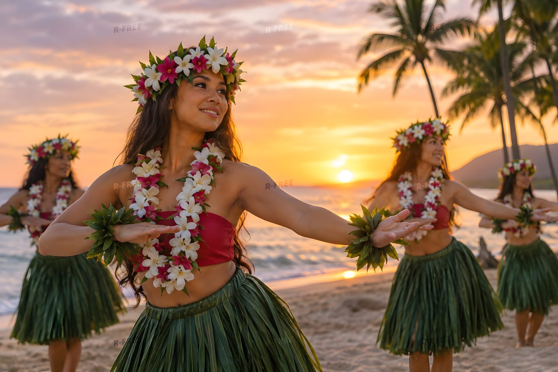 夕日のビーチでフラを踊るレイと草のスカートのダンサーたち