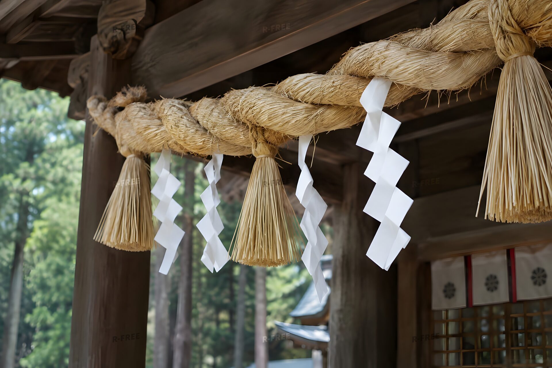 紙垂を下げたしめ縄のクローズアップ