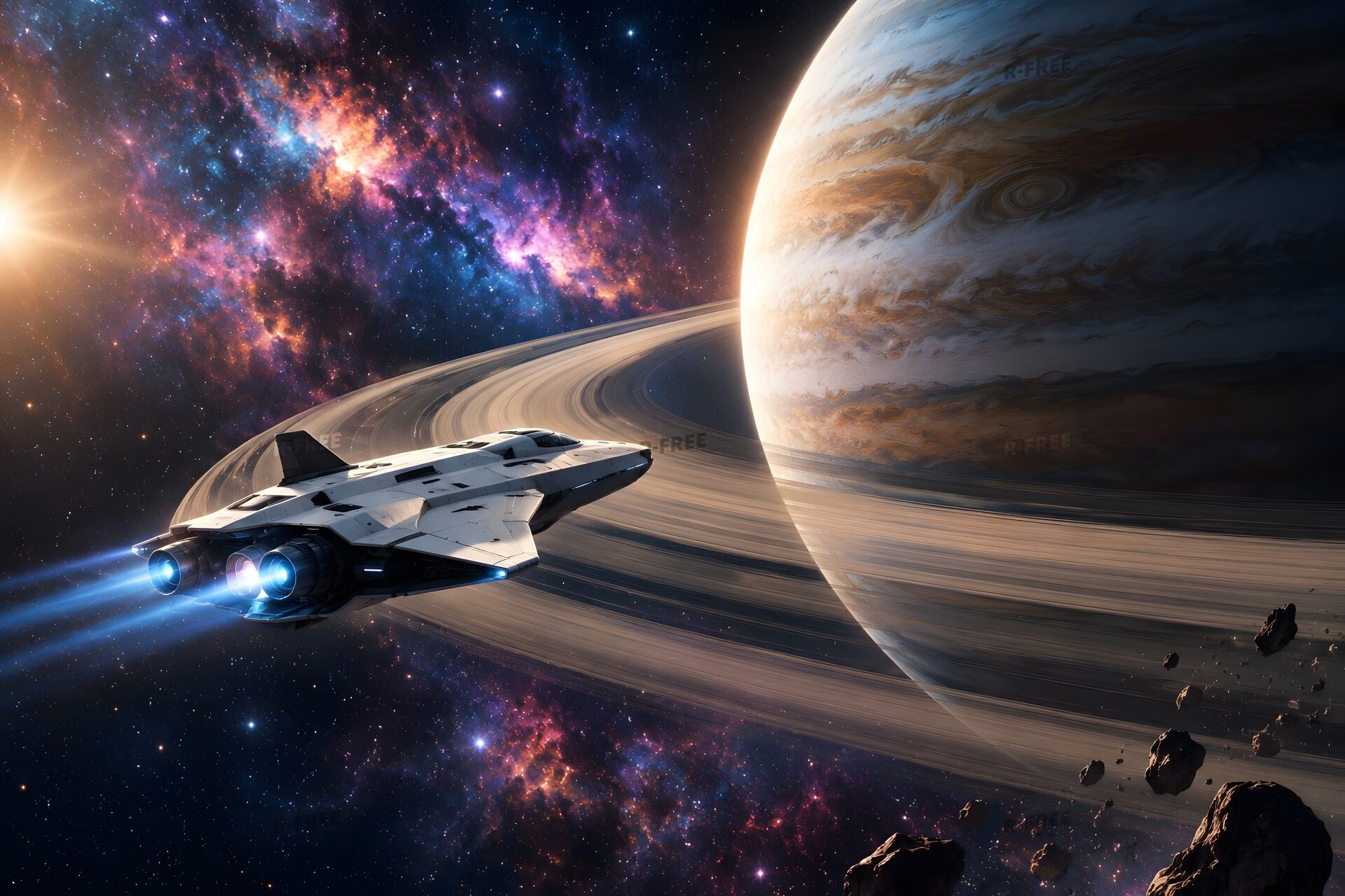 環のある巨大な惑星の前を飛ぶ白い宇宙船