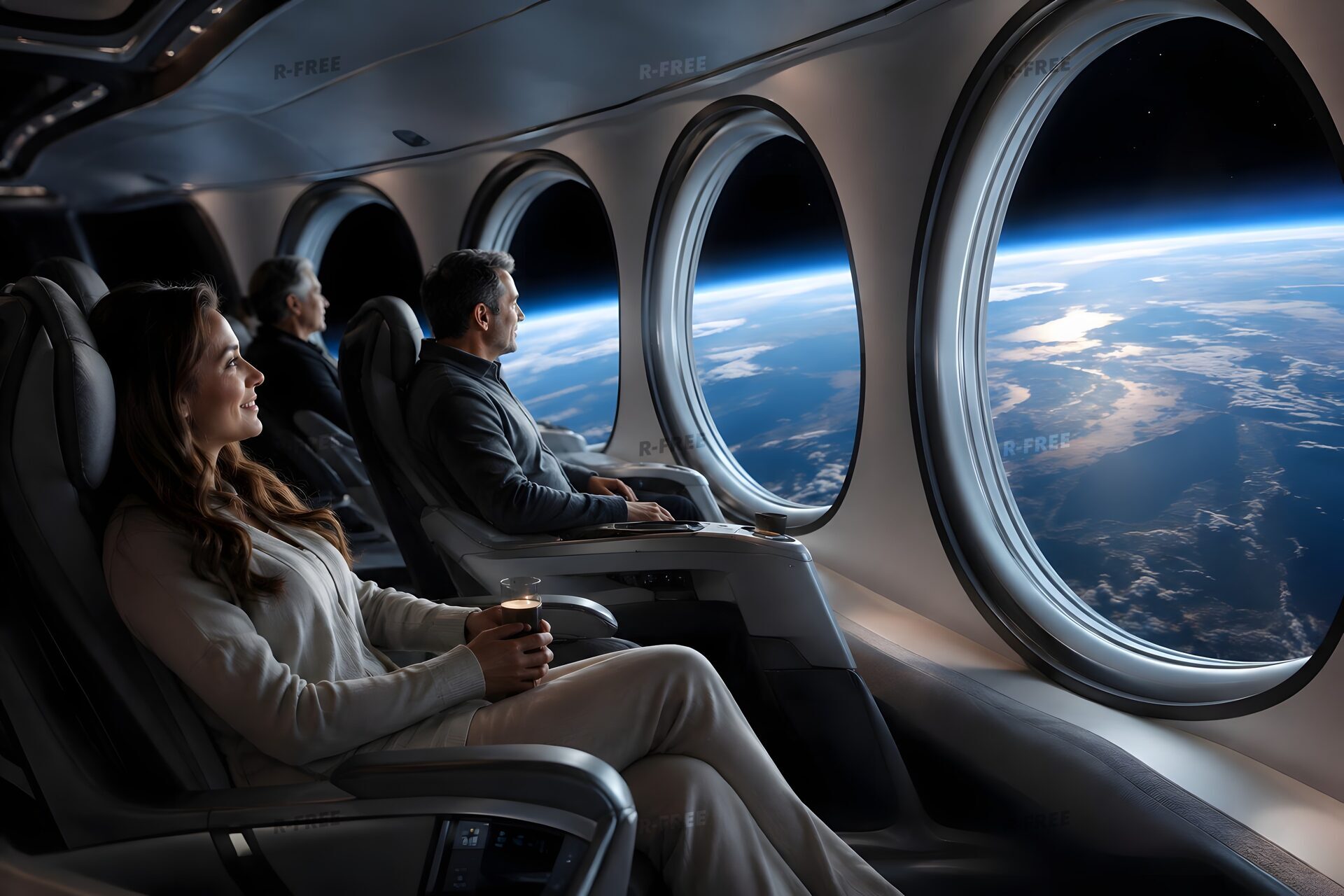 宇宙旅行の客室の窓から惑星を眺める乗客たち