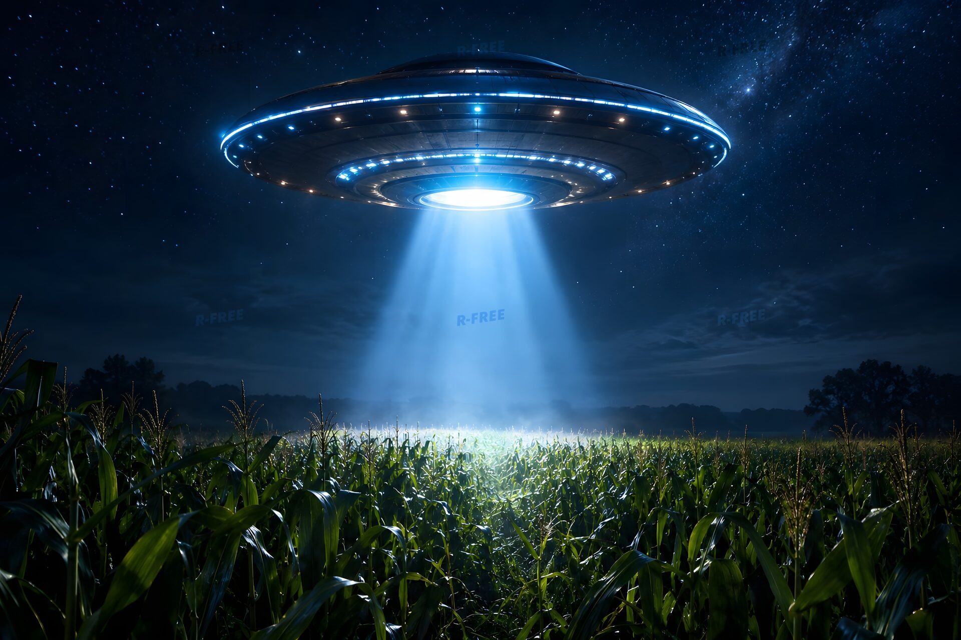 夜のトウモロコシ畑を光で照らす円盤型UFO
