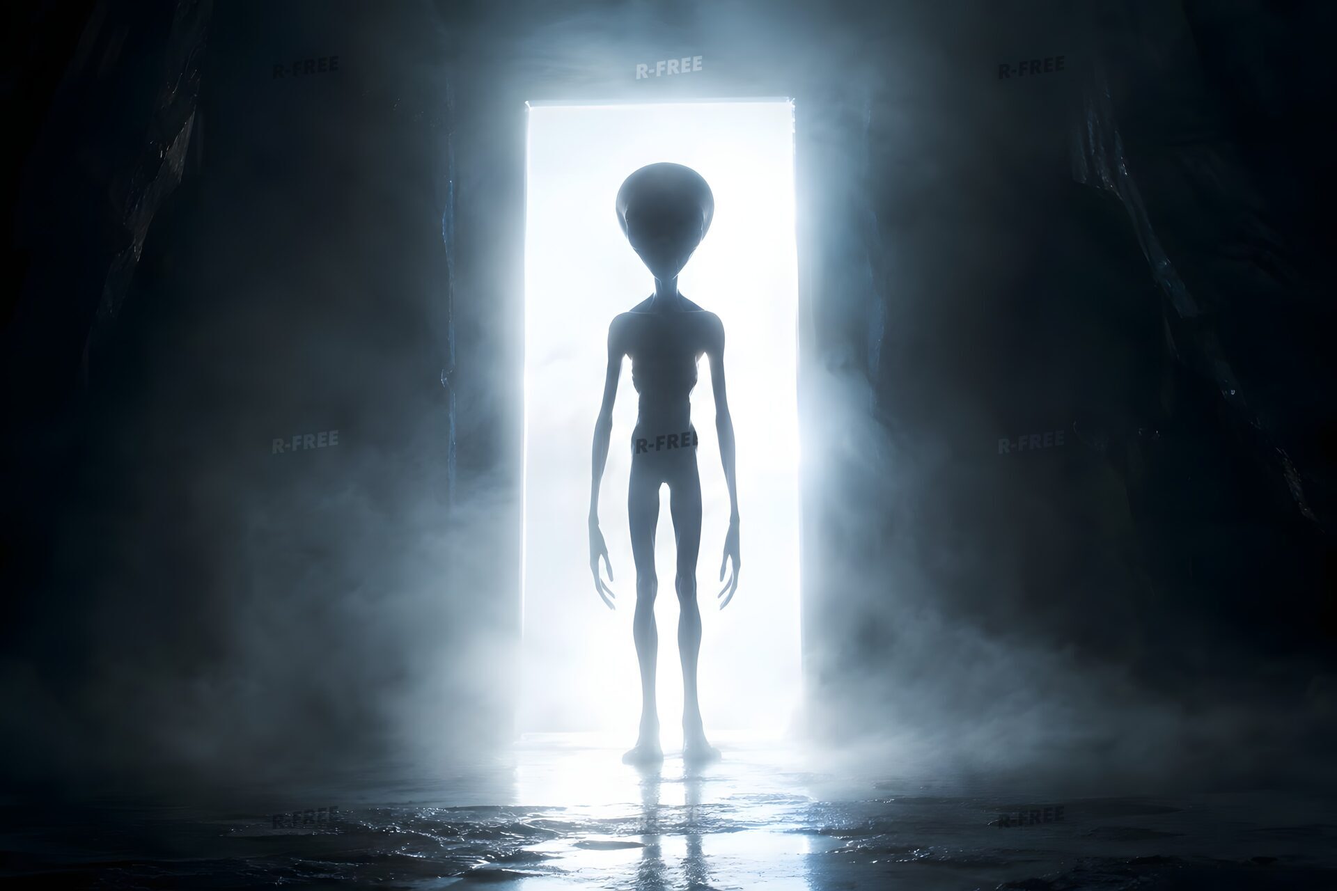 光の中に立つ細長い宇宙人のシルエット