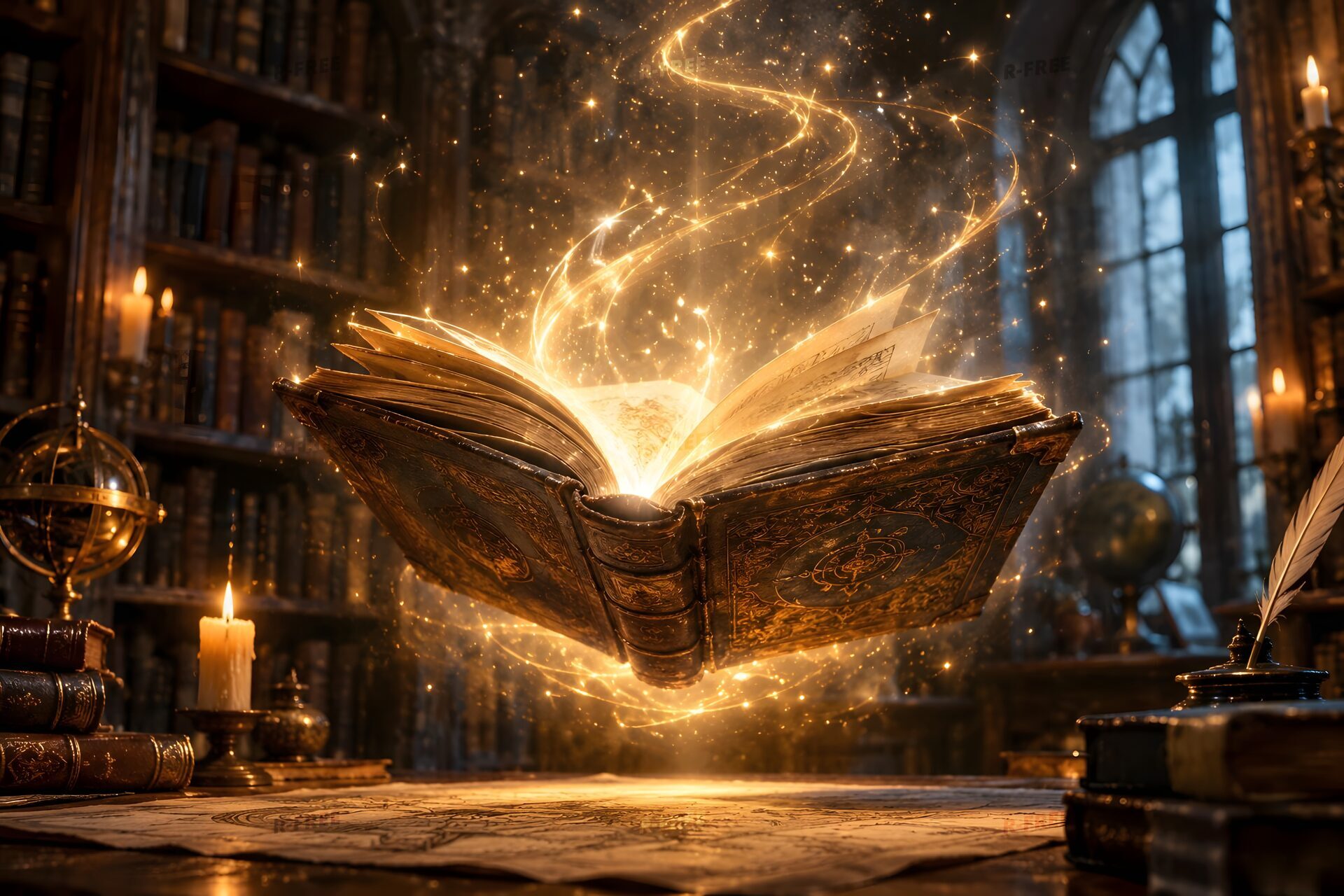 光の粒があふれる宙に浮いた魔導書
