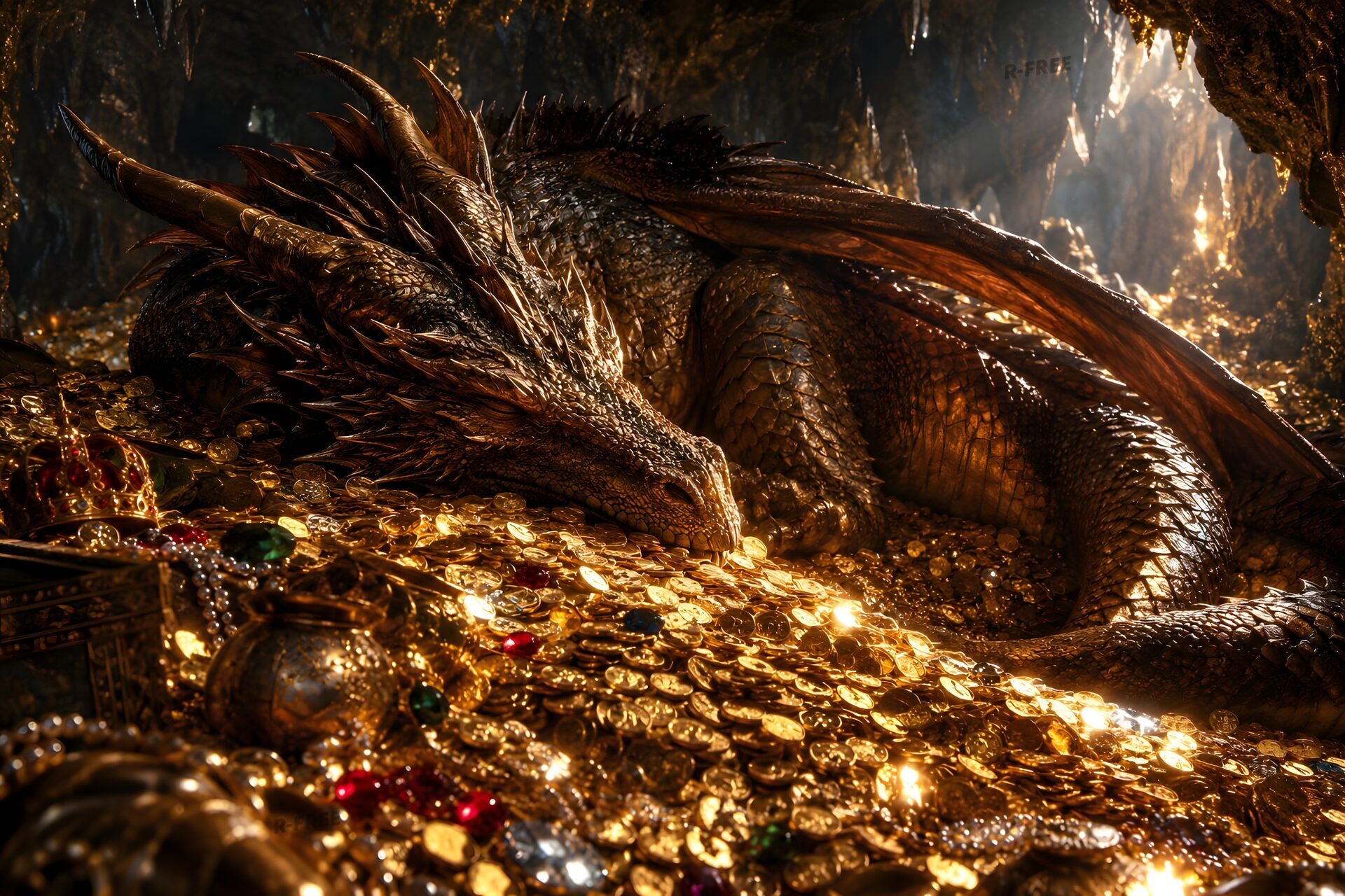 洞窟で財宝の山の上に眠るドラゴン